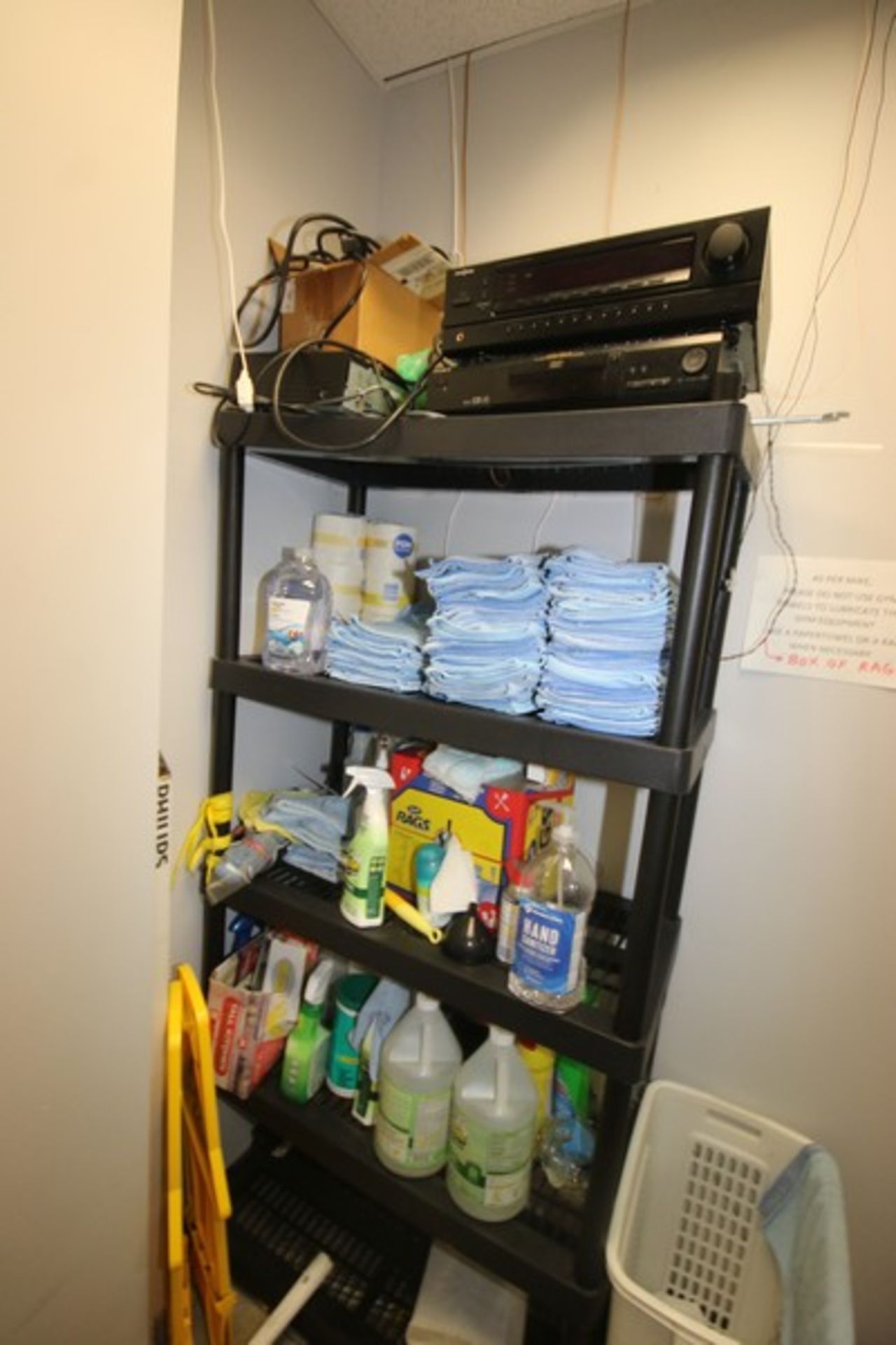 Contents of Gym Closet, Includes Stereo System with Speakers, Shelf with Rags, Disinfectant, Case of - Image 3 of 5