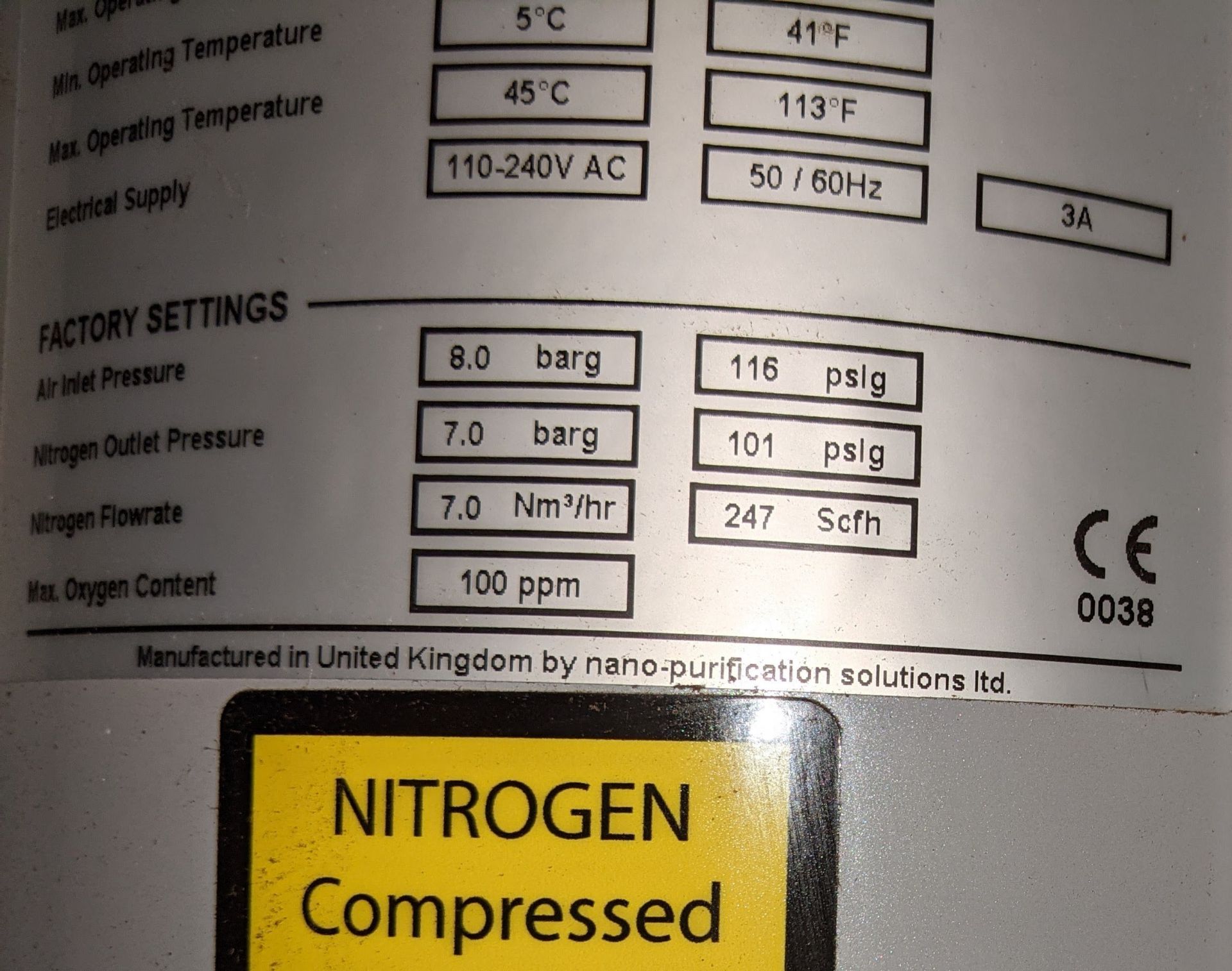 2018 NANO N2 NITROGEN GENERATOR / COMPRESSOR, MODEL GEN2-2130, S/N 18-G0133-01 (LCOATED IN CLIFTON - Image 9 of 9