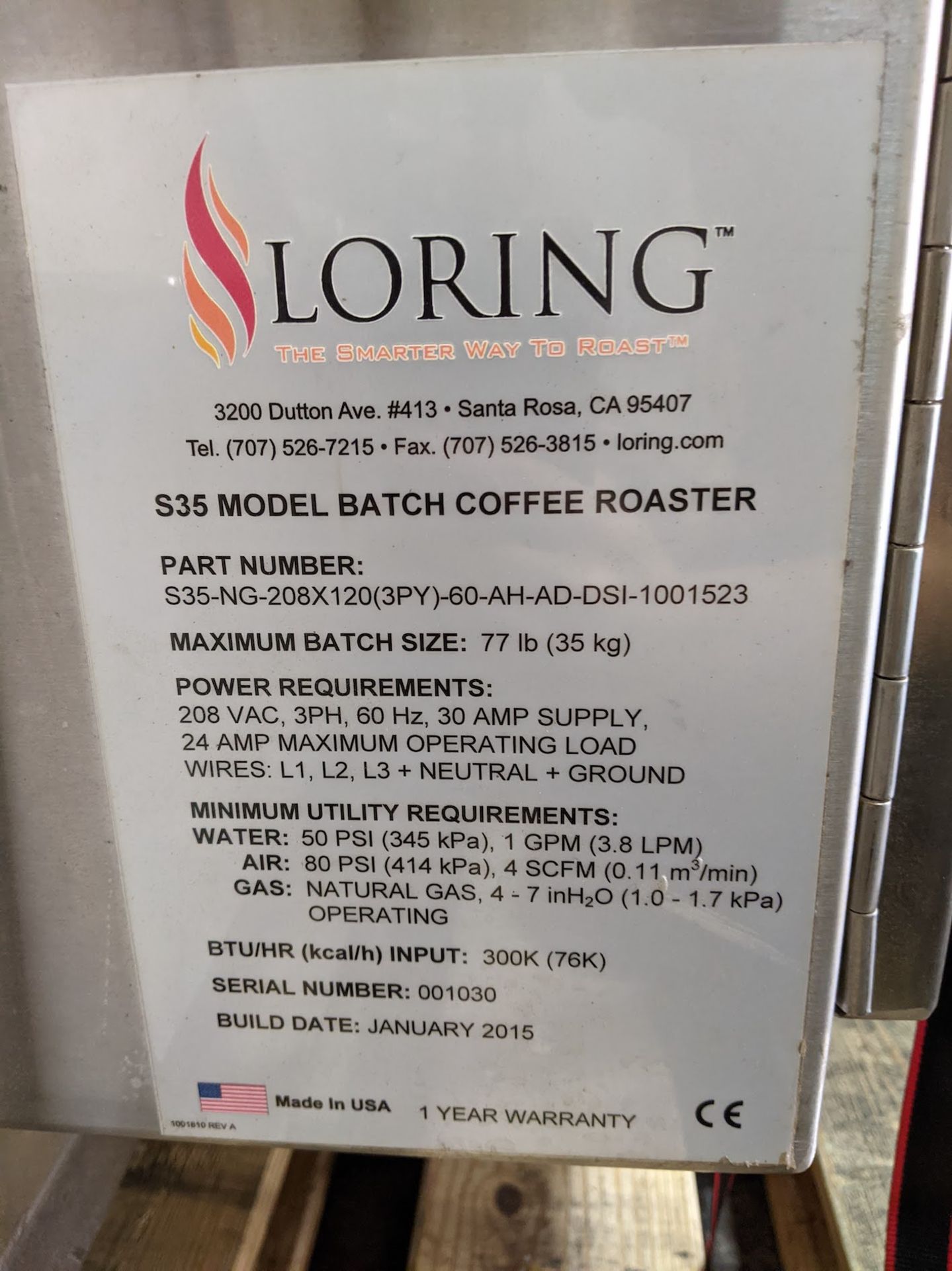 2015 LORING BATCH COFFEE ROASTER, MODEL S35, S/N 001030, 77 LB / 35 KG BATCH SIZE, 300K BTU/HR - Bild 6 aus 6