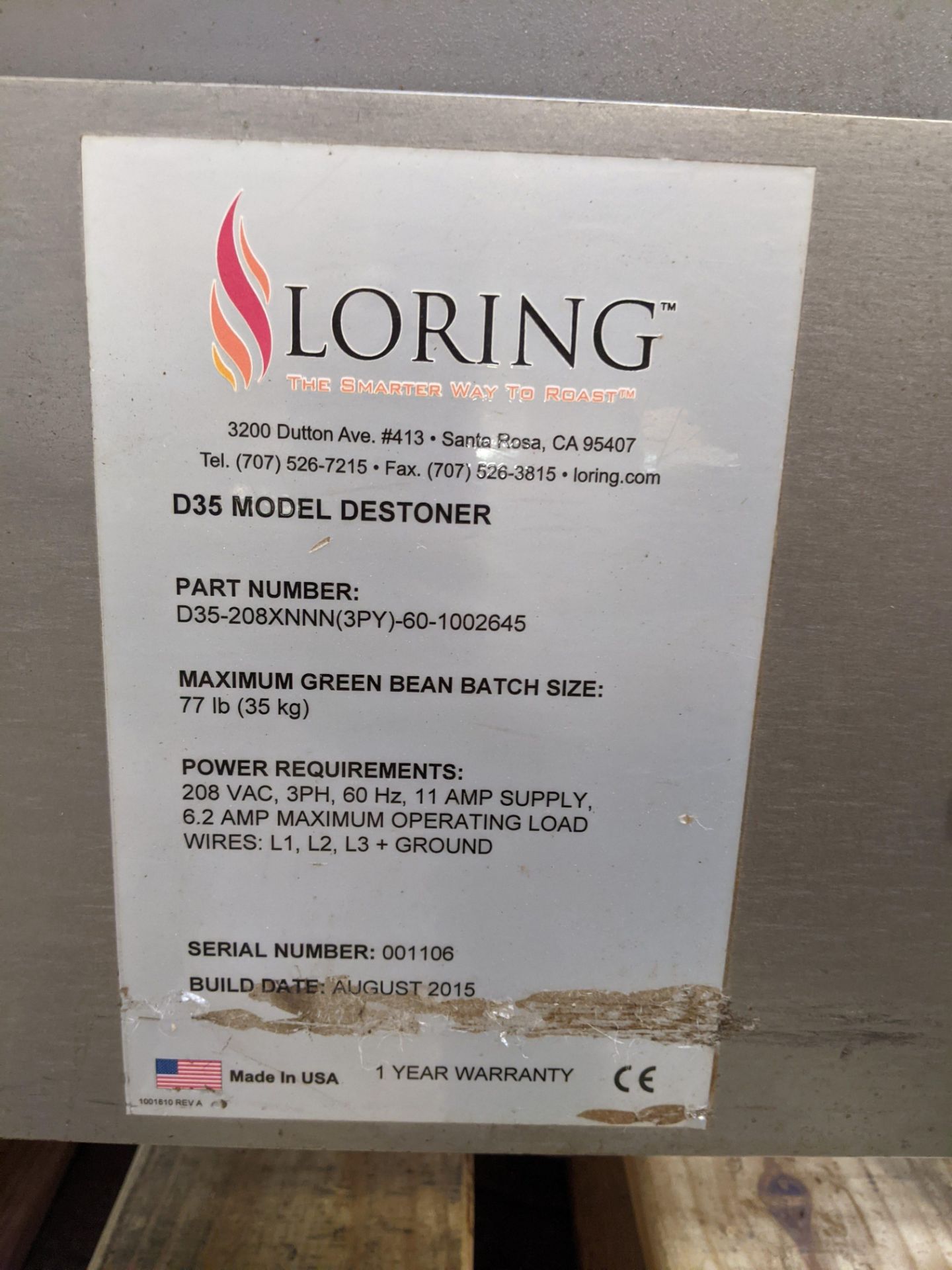 2015 LORING DESTONER, MODEL D35, S/N 001106, 77LB / 35 KG BATCH SIZE, 208 V, 3 PHASE - Image 2 of 8