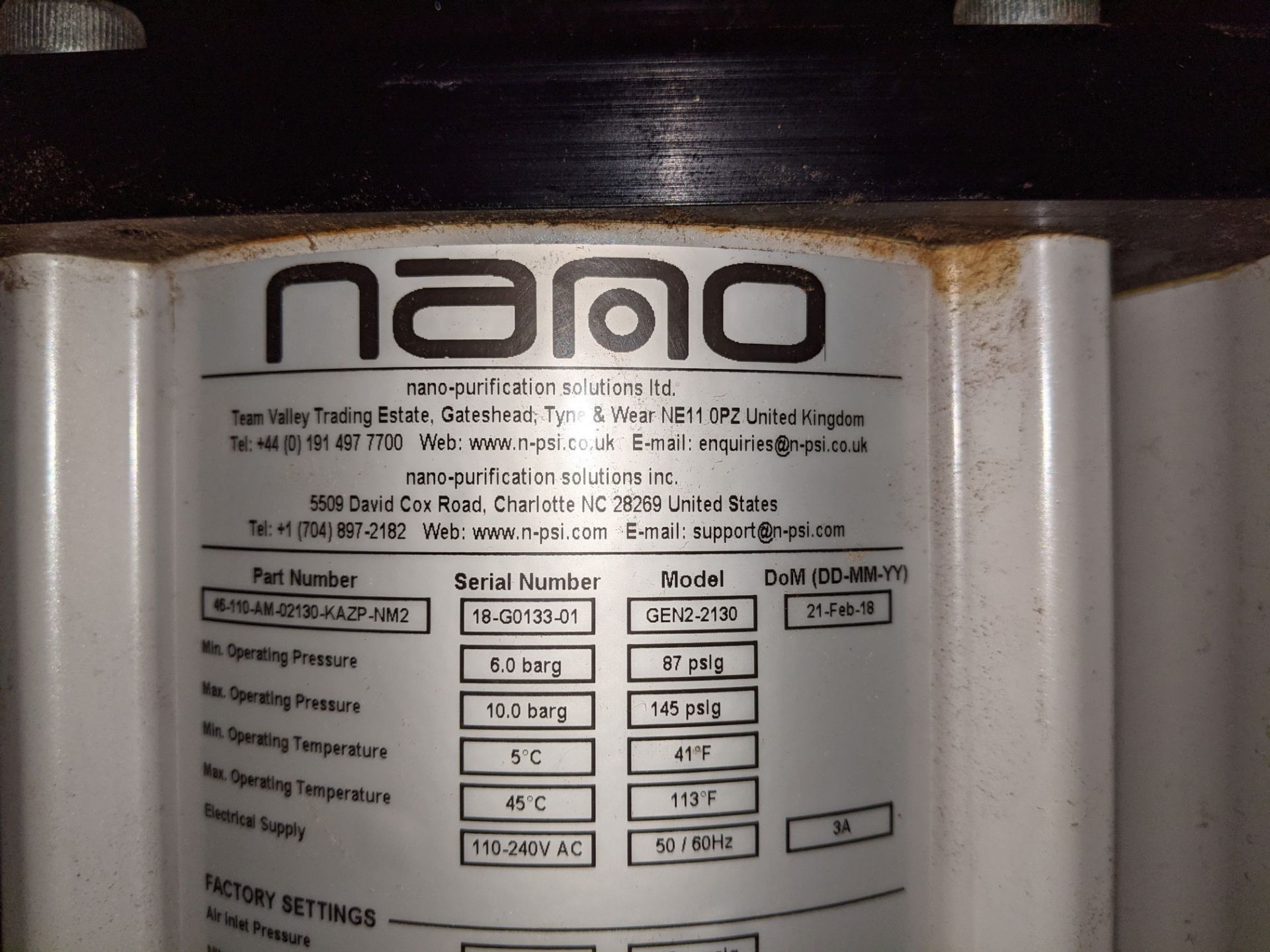 2018 NANO N2 NITROGEN GENERATOR / COMPRESSOR, MODEL GEN2-2130, S/N 18-G0133-01 (LCOATED IN CLIFTON - Image 8 of 9
