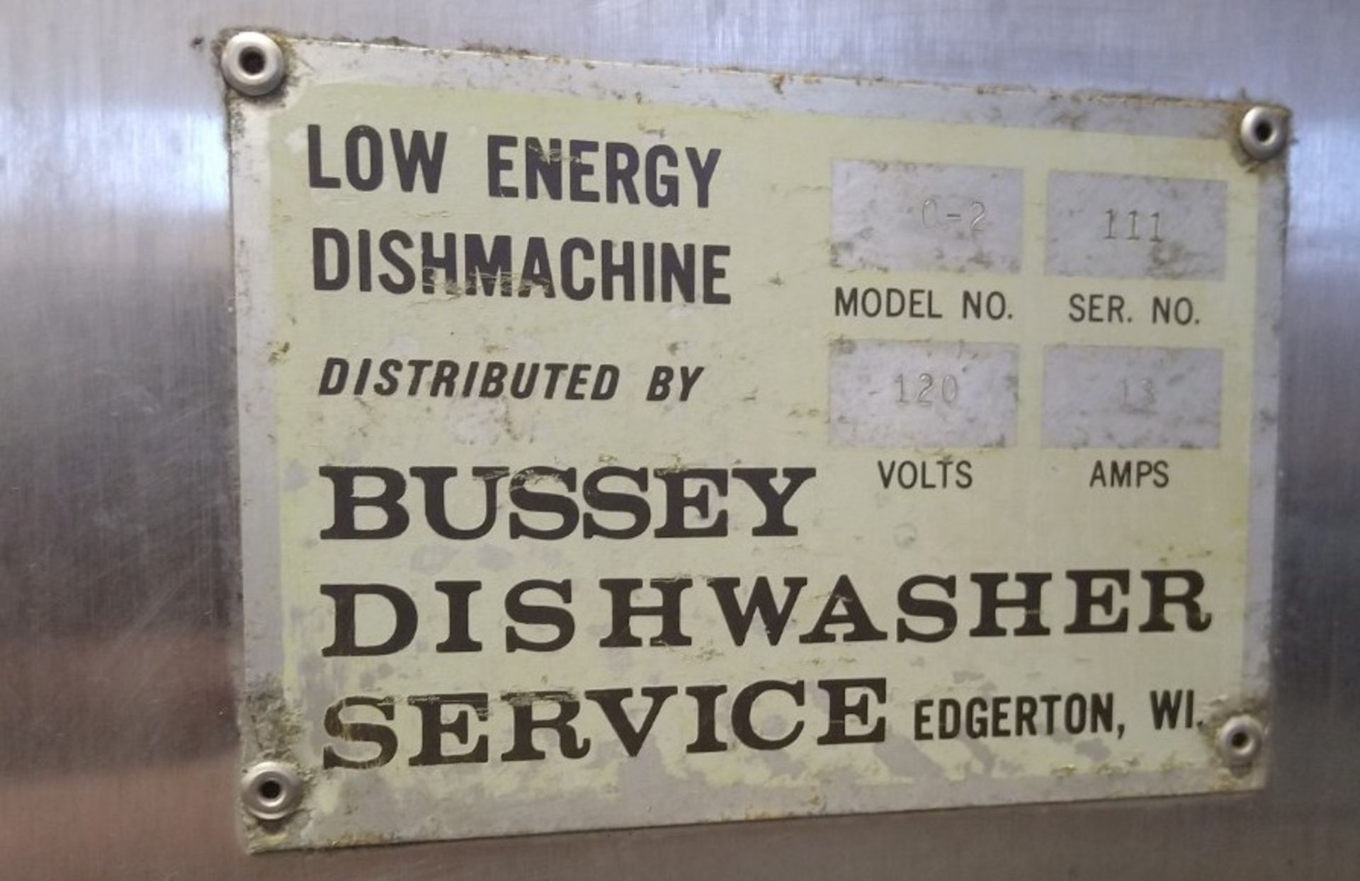 BUSSEY S/S DISHWASHER, MODEL 0-2, S/N 111, 120 V (LOCATED IN MADISON, WI)(RIG FEE: $150) - Image 2 of 2