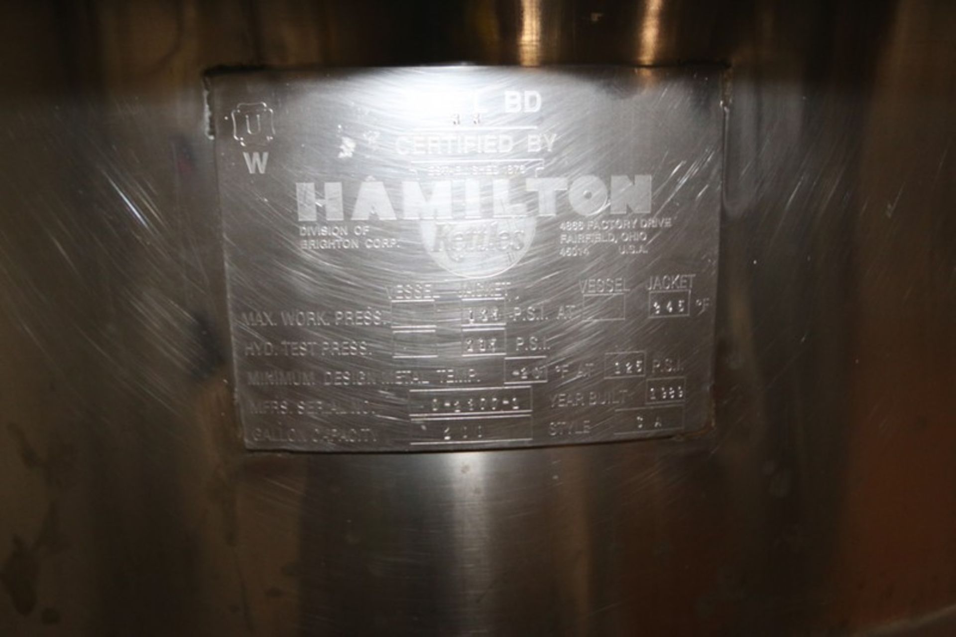 Hamilton 200 Gal. S/S Kettle, Style SA, S/N D2377-1, Max. Work Press. 125 PSI @ 343 F, Hyd. Test - Image 12 of 14