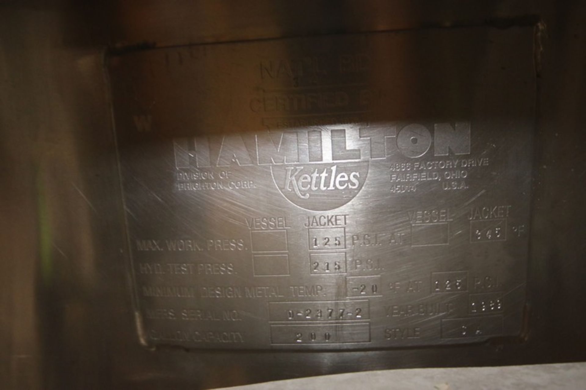 Hamilton 200 Gal. S/S Kettle, Style SA, S/N D2377-2, 125 PSI @ 345 F, Hyd. Test Press 215 PSI, - Image 15 of 15