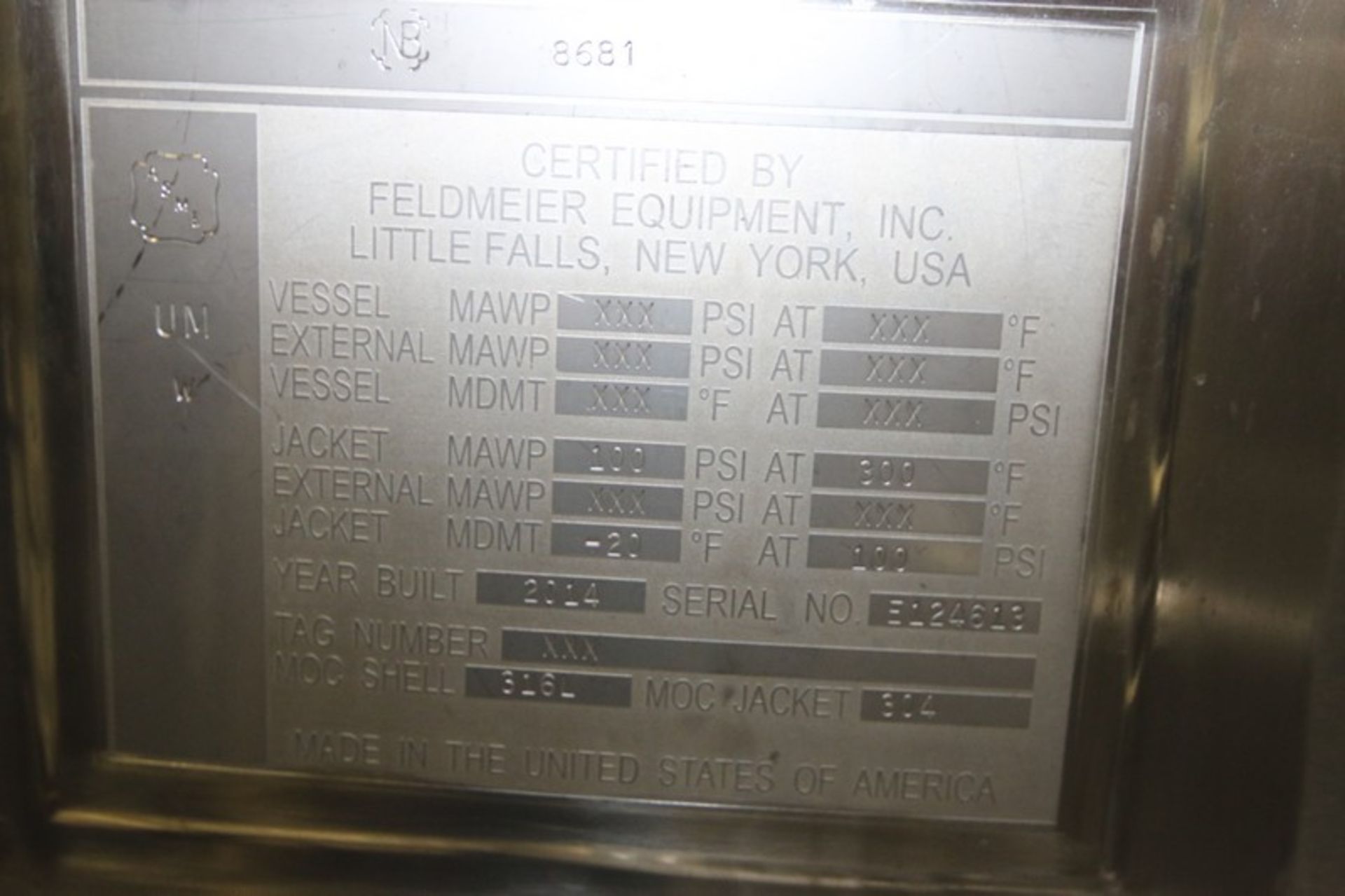 Feldmeier Aprox. 1,000 Gal. S/S Processor, S/N E124713, Jacket MAWP 100 PSI @ 300 F, Jacket MDMT -20 - Image 7 of 17