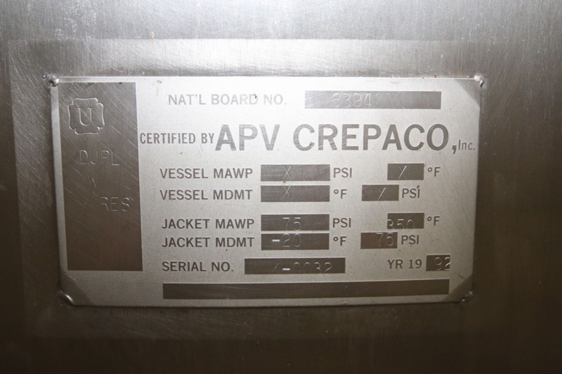 APV Aprox. 1,000 Gal. S/S Processor, S/N K-0032, Nat'l BD #: 8394, Jacket MAWP 75 PSI @ 350 F, - Image 7 of 16