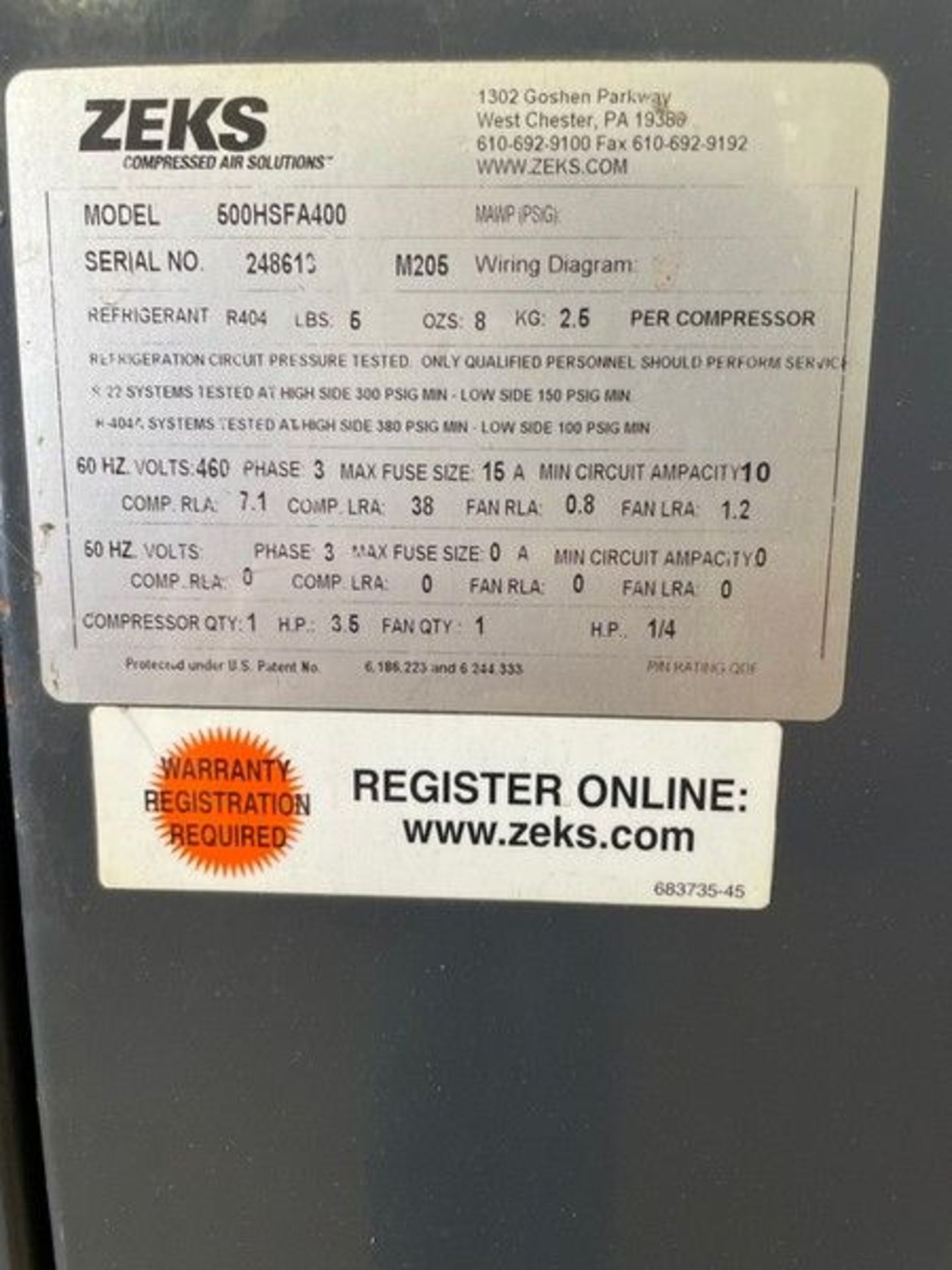 Zeks Air Dryer, M/N 500HSFA400, S/N 248613, R404 Refrigerant, 460 Volts, 3 Phase (Auction ID - Image 6 of 6