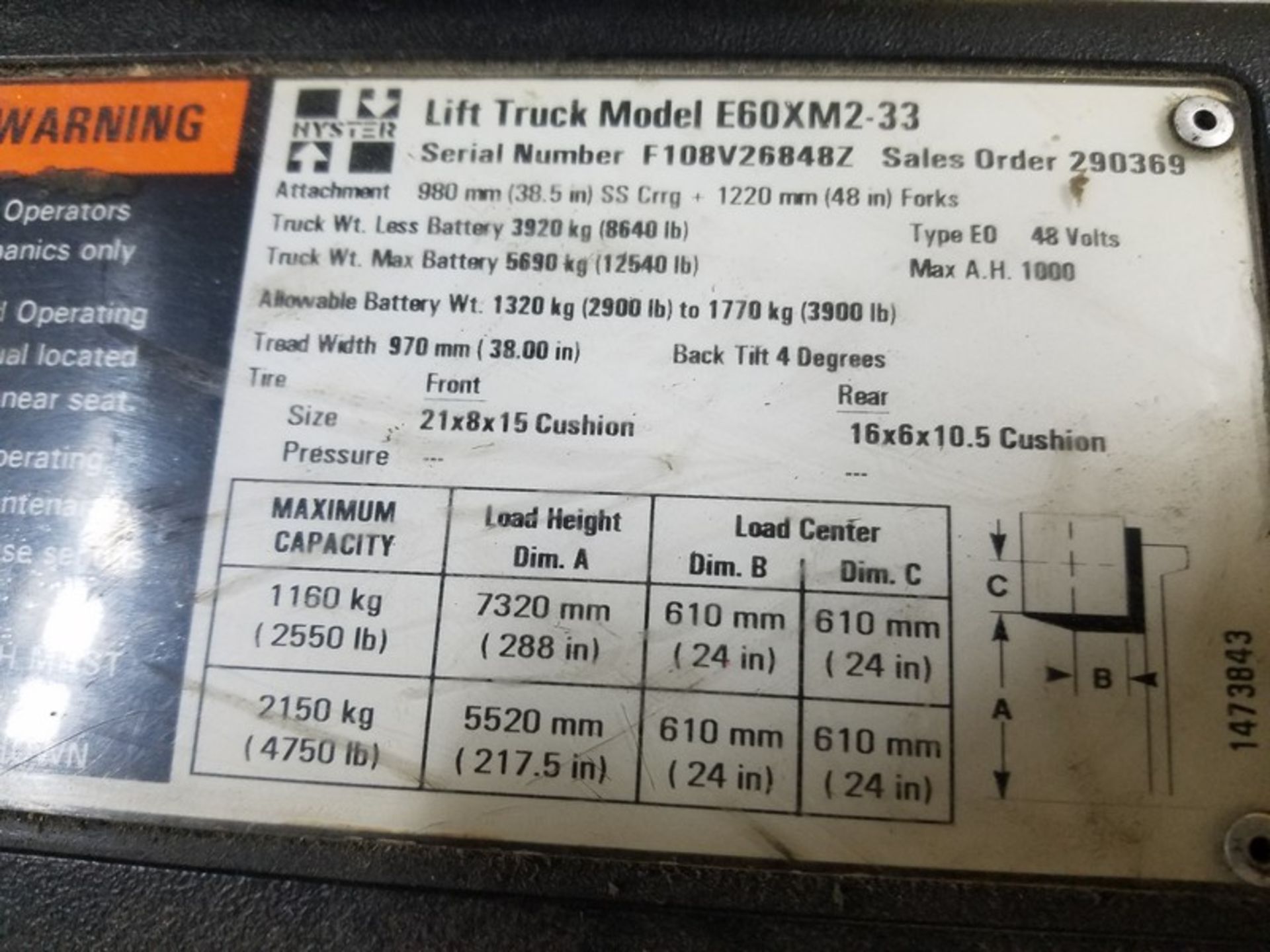 Hyster E60XM2-30 Electric Forklift, S/N F108V26848Z with 48 Volt, Quad Mast, Mast Height 288" ( - Image 8 of 8