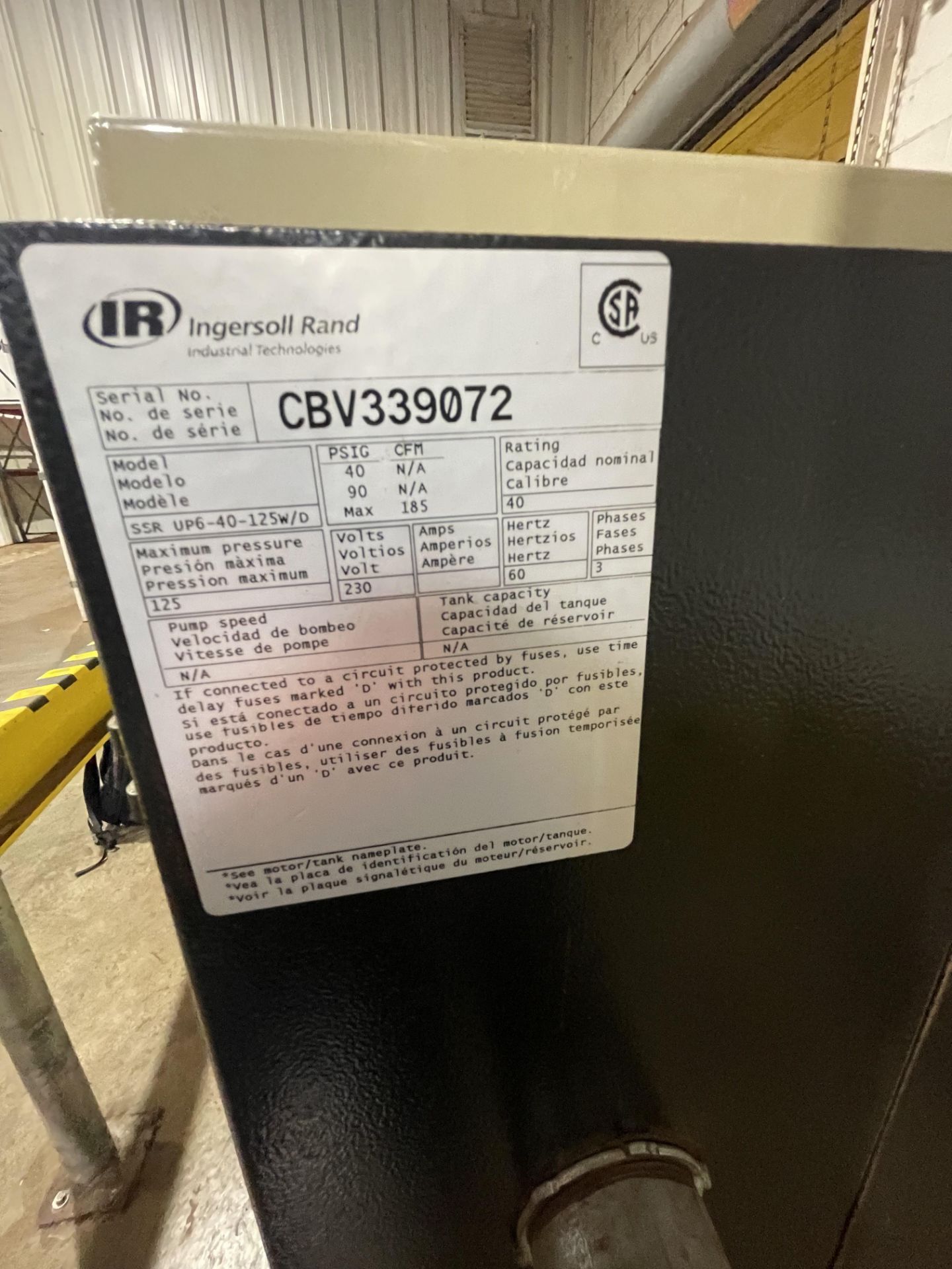 INGERSOLL RAND AIR COMPRESSOR, MODEL SSR UP6-40-125 W/O, S/N CBV339072125 PSI, 230 V, 3 PHASE - Image 18 of 22