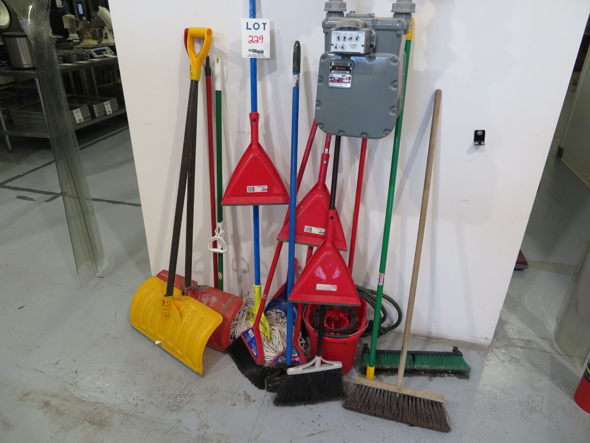 LOT including assorted brooms, etc.