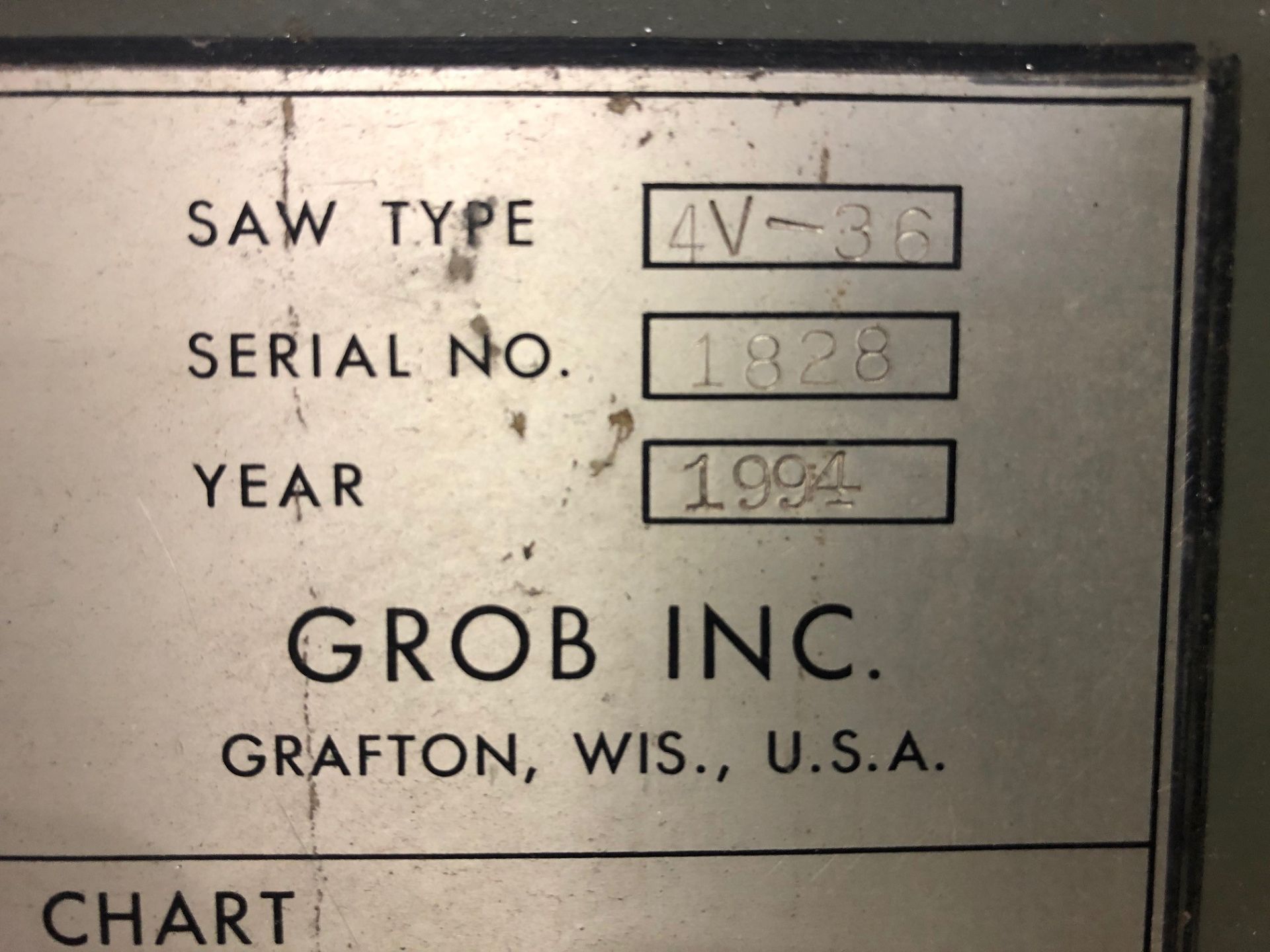 Grob Model 4V-36 36" Vertical Band Saw, S/N 1828, (1994); with 28" x 24" Worktable; and Grob Model - Image 3 of 3