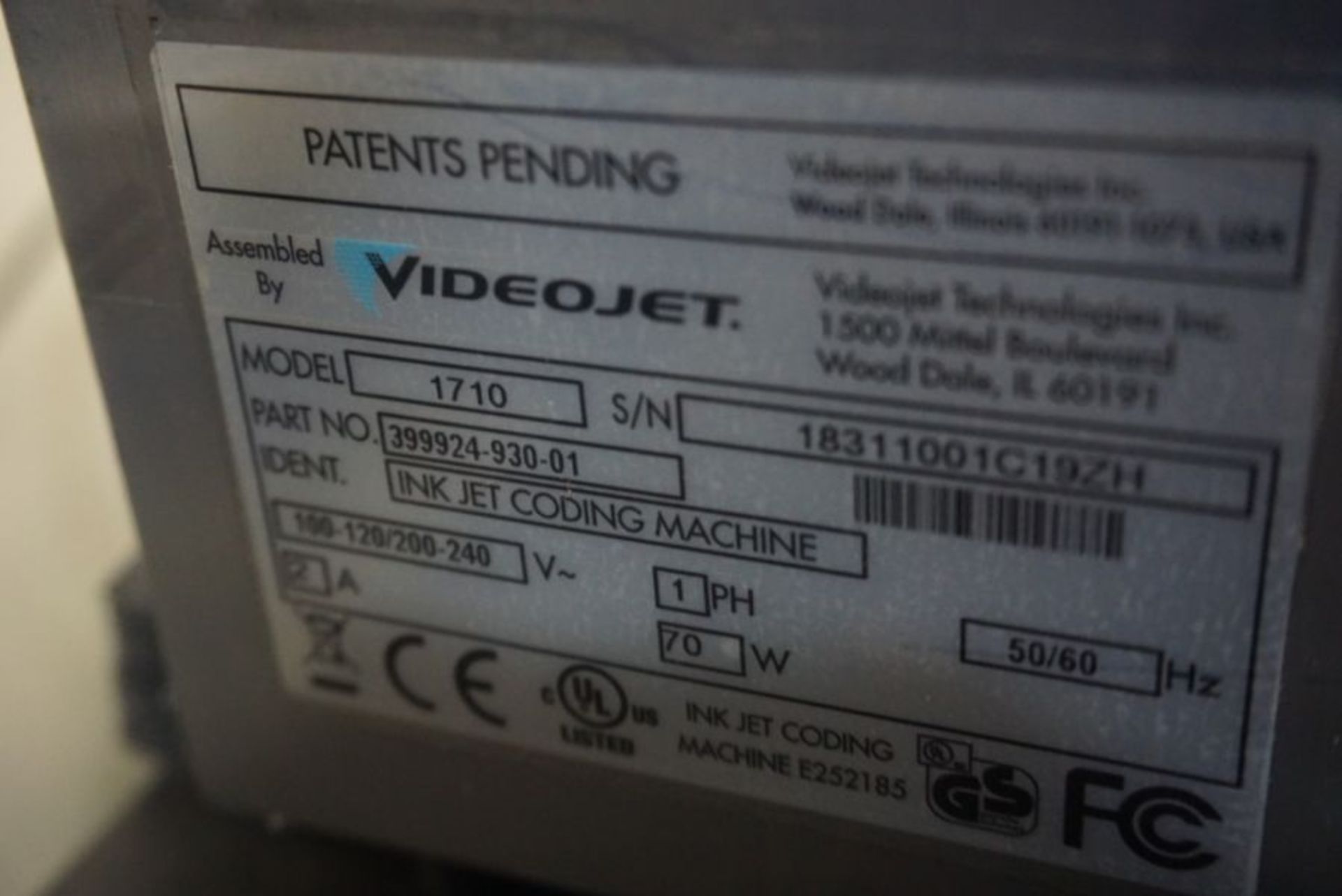 Video Jet 1710 Printer s/n 18311001C19ZH *Late Delivery January 31, 2021* - Image 4 of 4