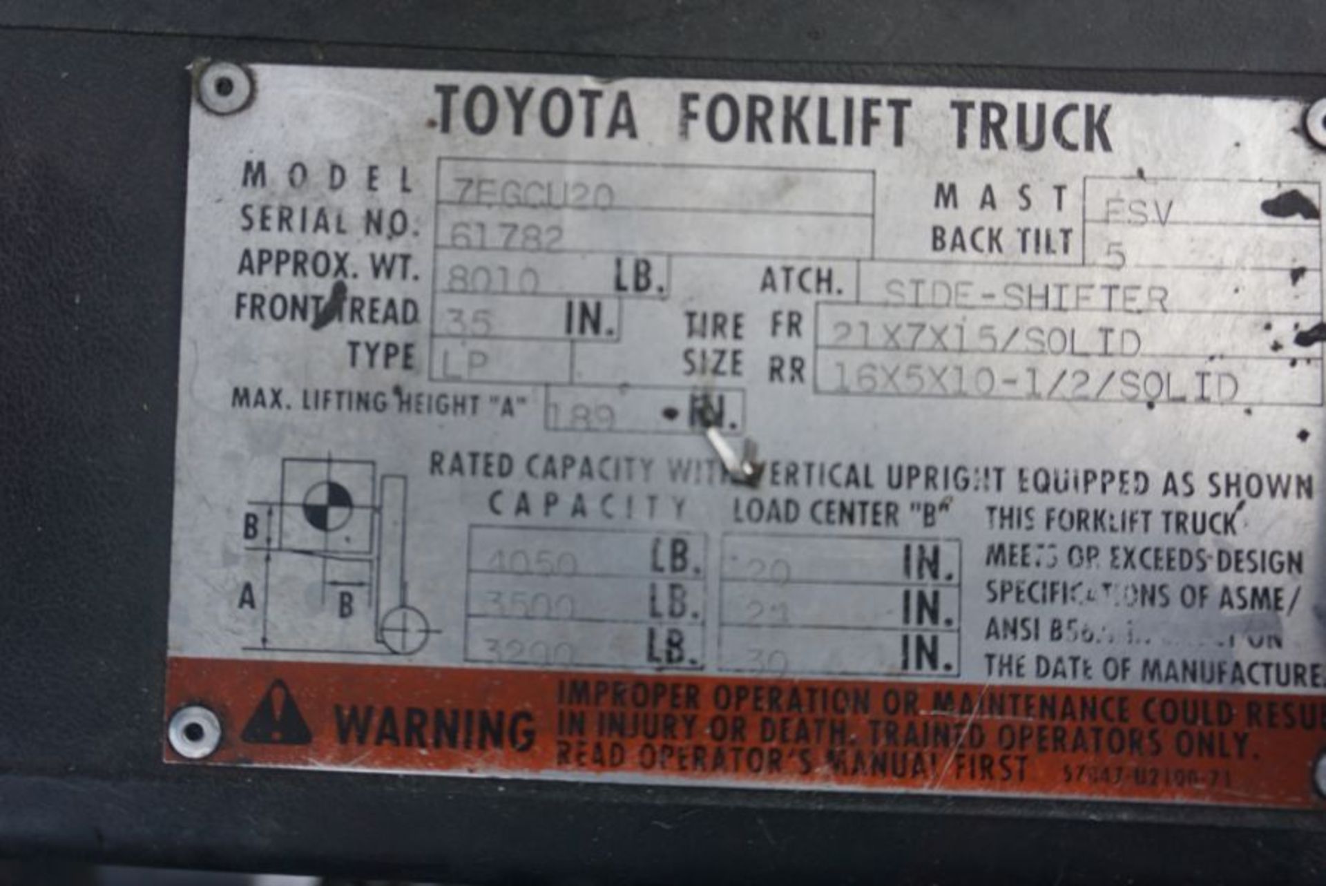 Toyota Forklift 5,000 lbs, m/n 7EGCU20, s/n 61782 *Late Delivery* - Image 5 of 5