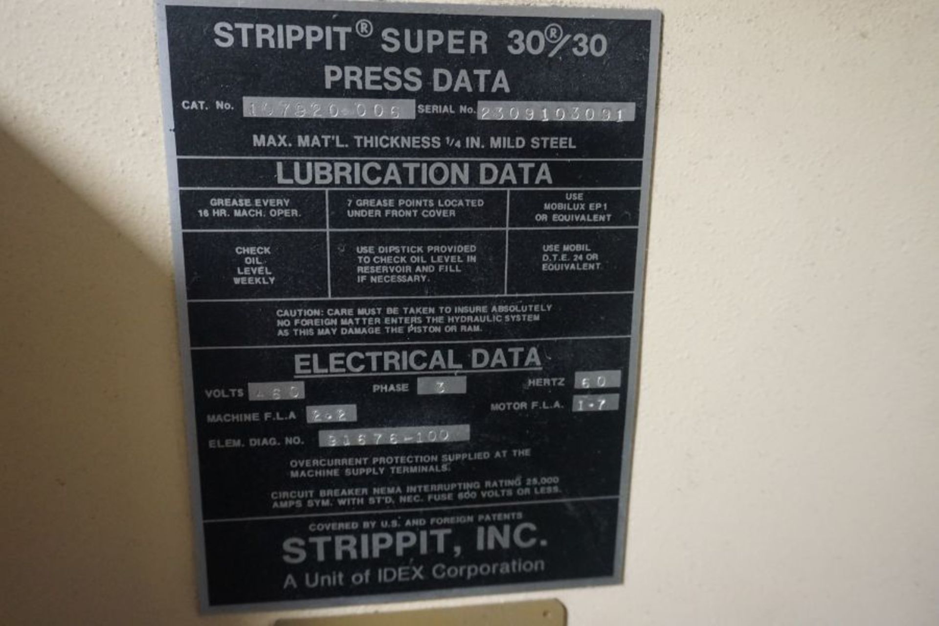Strippit Super AG 30/30 Punch, Max Thickness 1/4" Mild Steel, s/n 2309103091 - Image 4 of 4