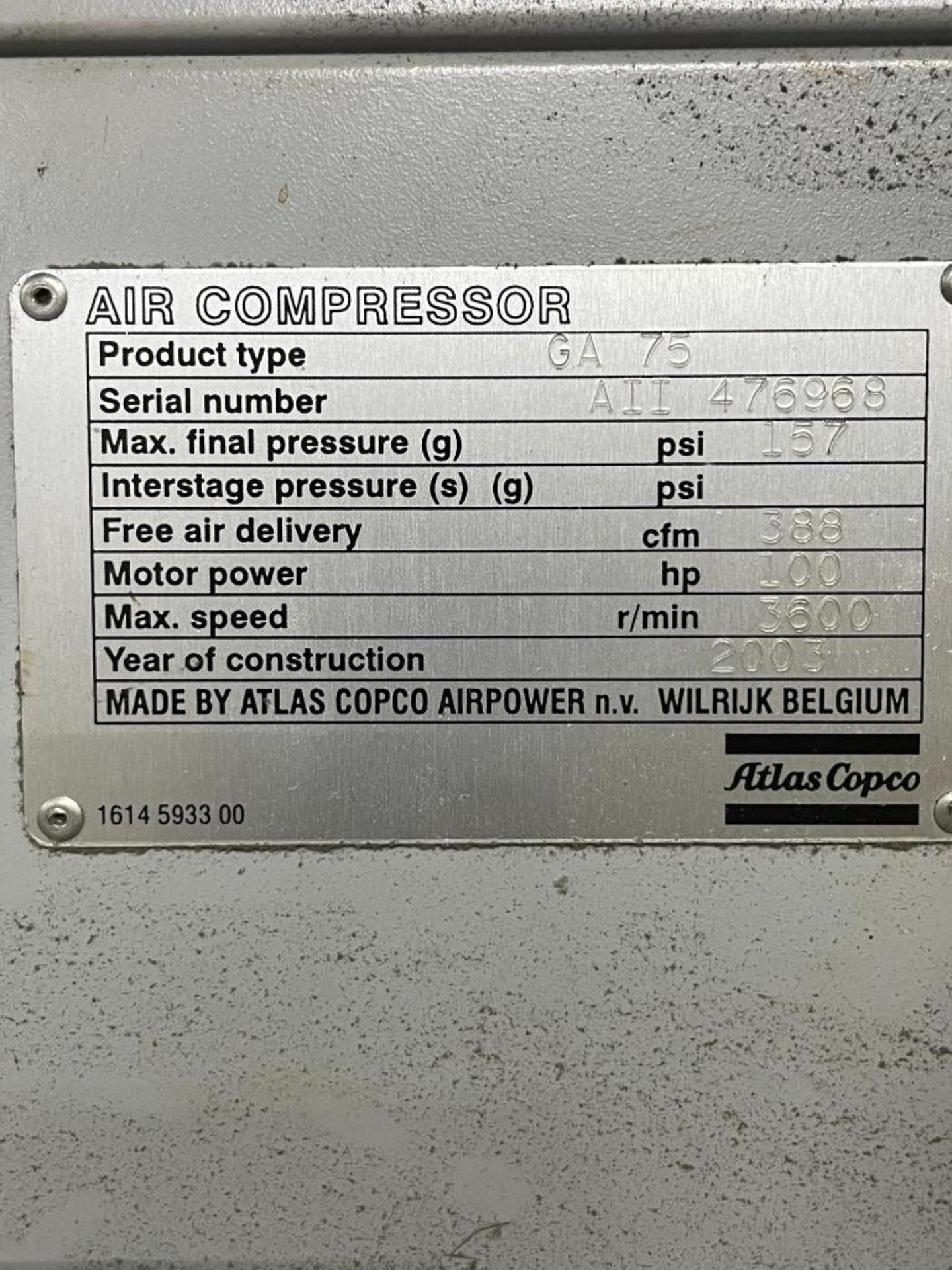 Atlas Copco GA 75 Air Compressor, s/n AII 476968, New 2003 - Image 6 of 6