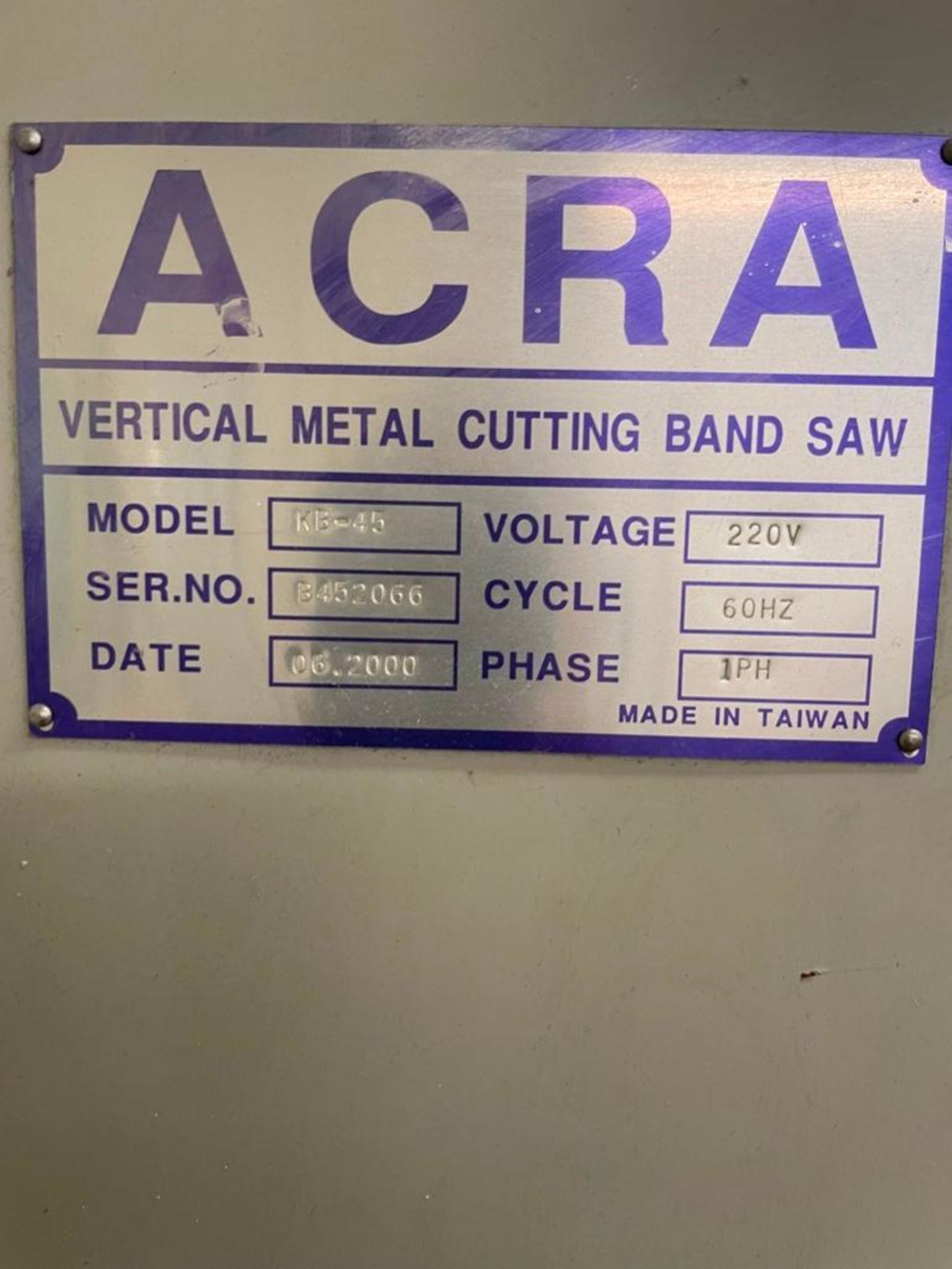 Acra KB-45 Vertical Band Saw, Blade Welder, s/n B452066 - Image 7 of 7