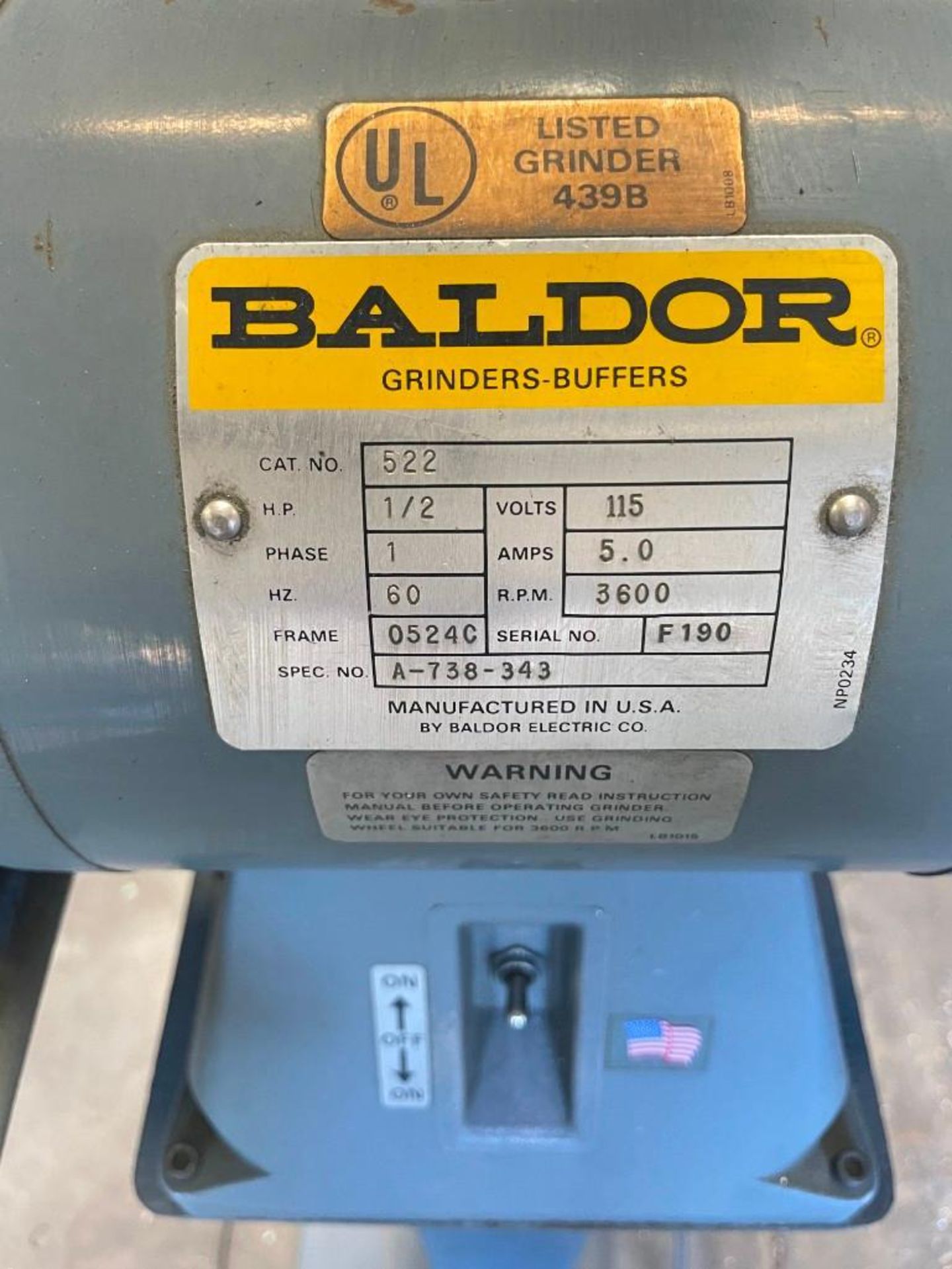 Baldor Double End Grinder 1/2HP, s/n F190 - Image 5 of 5