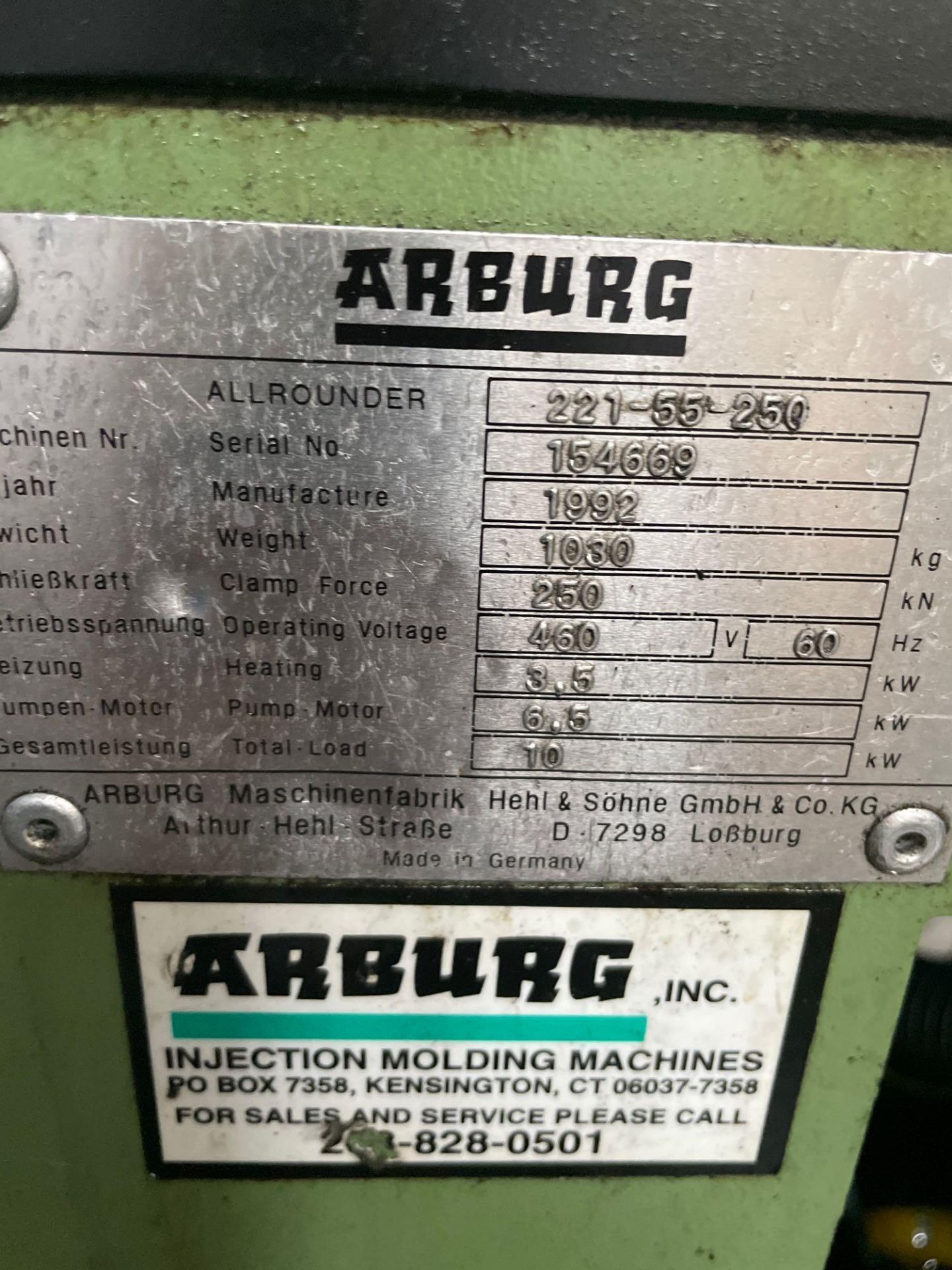 28 Ton Arburg Allrounder 221-55-250 Injection Molder, 1.6oz Shot Size, s/n 134669, New 1992 - Image 6 of 6