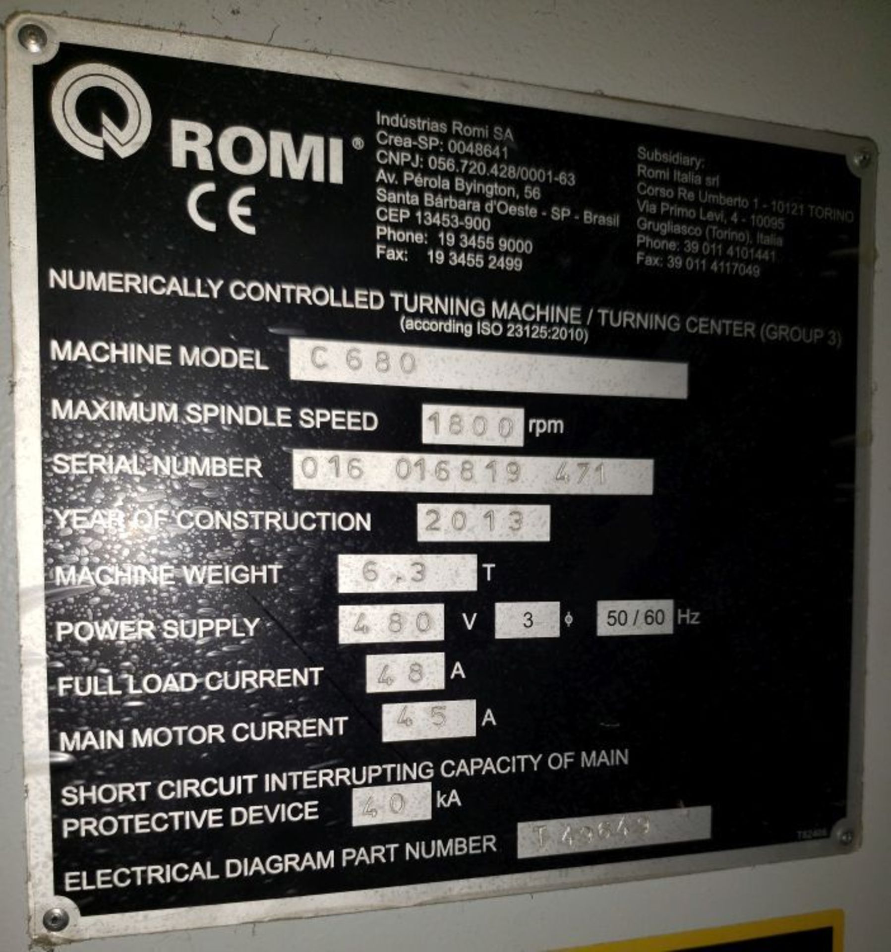 Romi C680 CNC Flat Bed Lathe, Siemens 802D SL PRO Teach-in control, 26.8" Swing x 78.7" centers, - Image 6 of 7