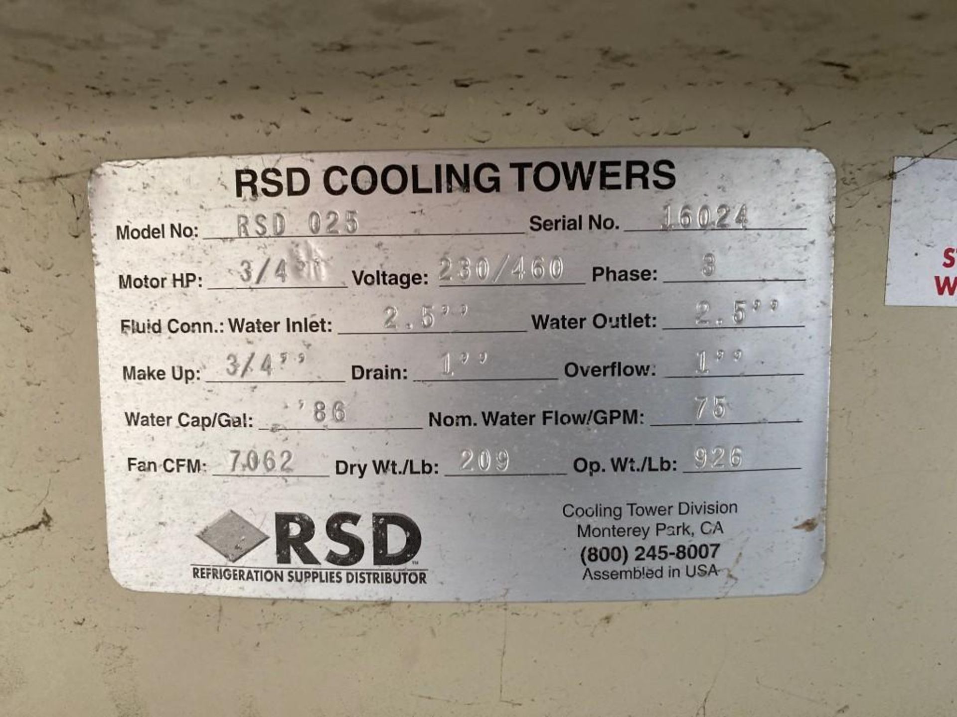 RSD 025 Cooling Tower, 86 Gallon Cap., s/n 16024 - Image 2 of 2