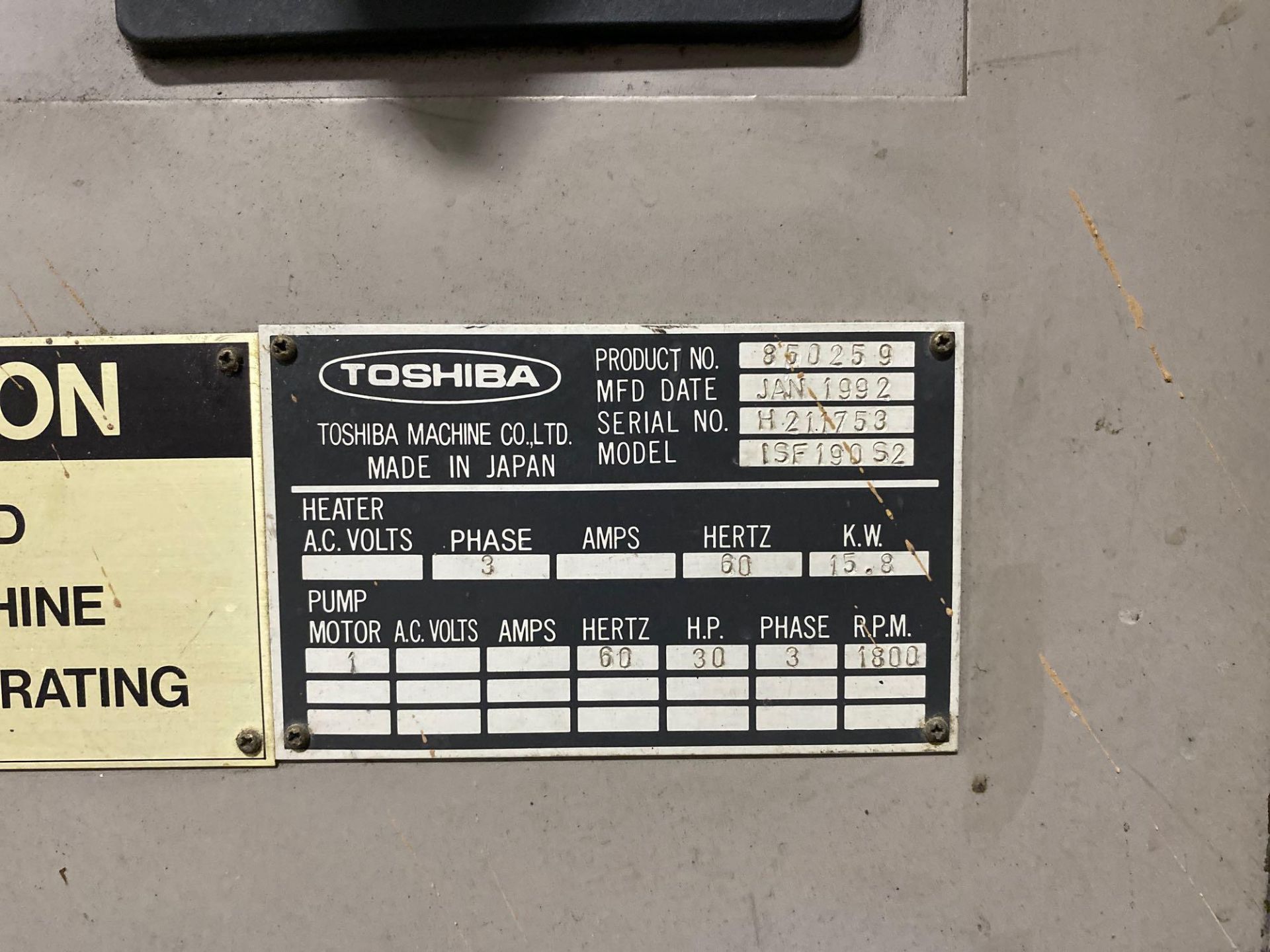 190 TON 16 OZ TOSHIBA MODEL ISF190SII-10A, s/n 255902, New 1992 - Image 10 of 11