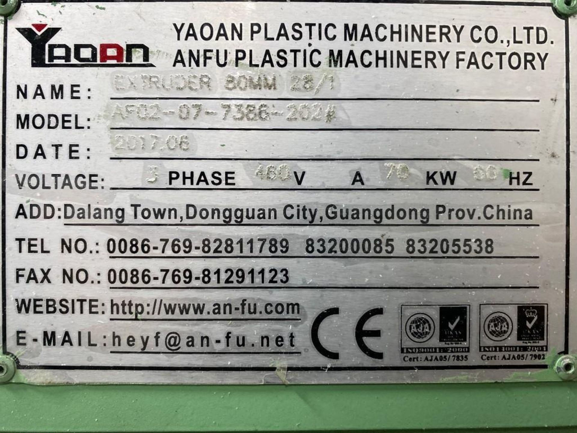 80 MM 28/1 YAOAN ANFU PLASTIC EXTRUDER MACHINE MODEL AF-02-07, New 2017 - Image 11 of 11