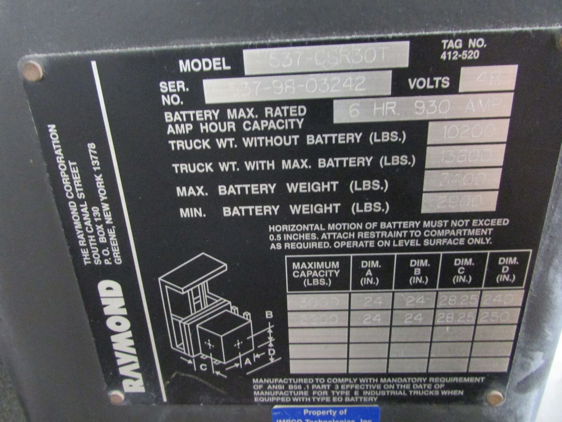 Raymond 537-CSR30T 48V Electric Narrow Aisle Swing Reach Lift Truck - Image 28 of 32