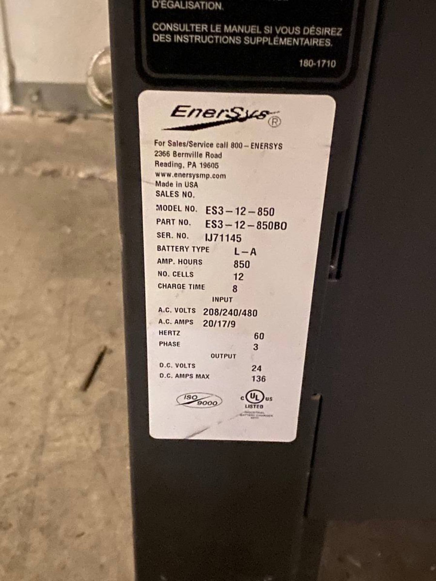 Ener Sys ES3-12-850 Electric Forklift Battery Charger - Image 2 of 2