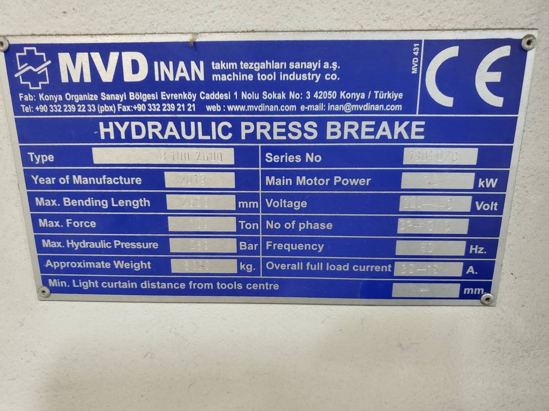 2013 MVD 100 2600 Hyd Press Brake CNC - Image 6 of 7