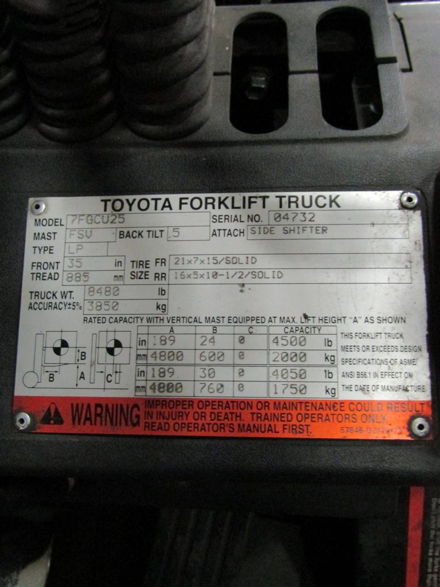 Toyota 7FHCU25 4,500 Lb. Capacity Forklift Truck - Image 19 of 21