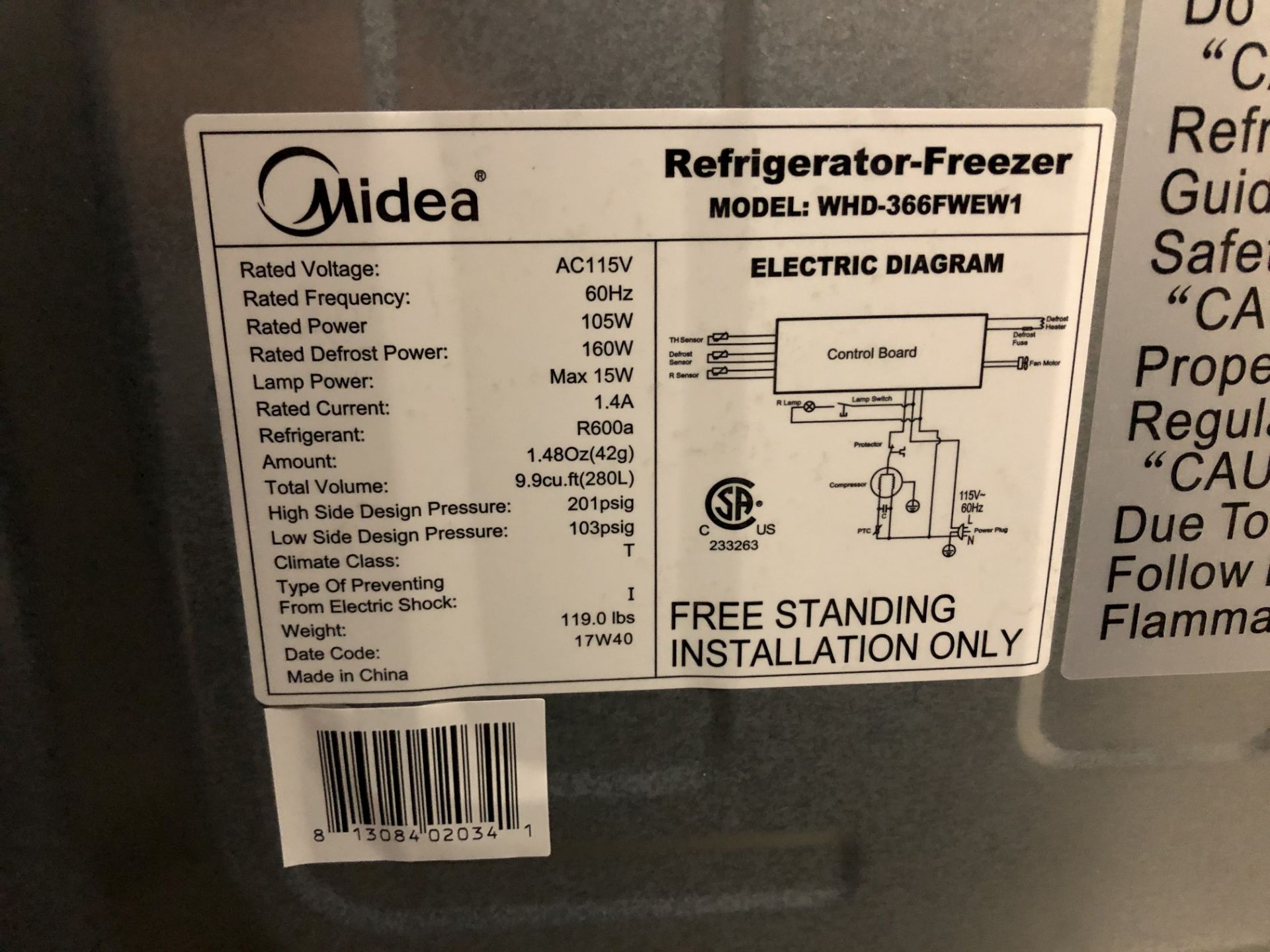 Midea Refrigerator, Model WHD-366FWEW1 - Image 3 of 3