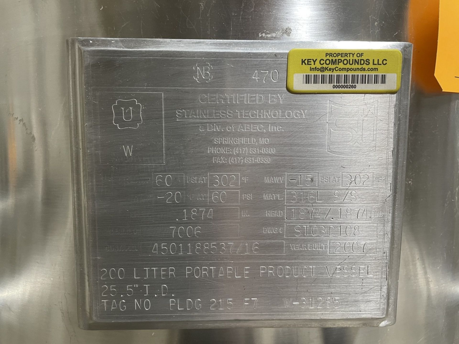 2007 Stainless Technology 200L Stainless Steel Portable Product Vessel - Image 6 of 6