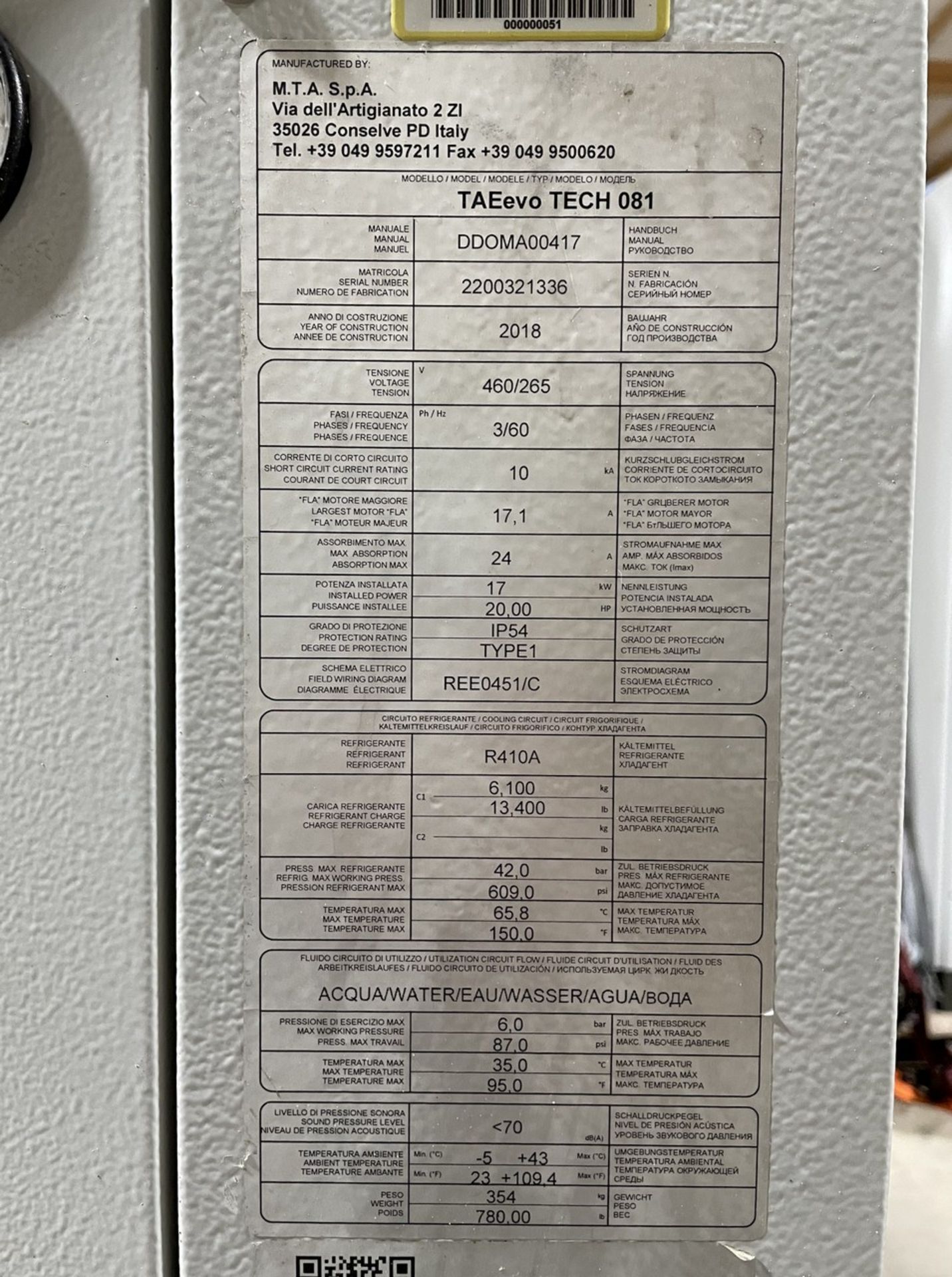 2018 MTA TAEevo TECH 081 Industrial Process Water Chiller - Image 8 of 10