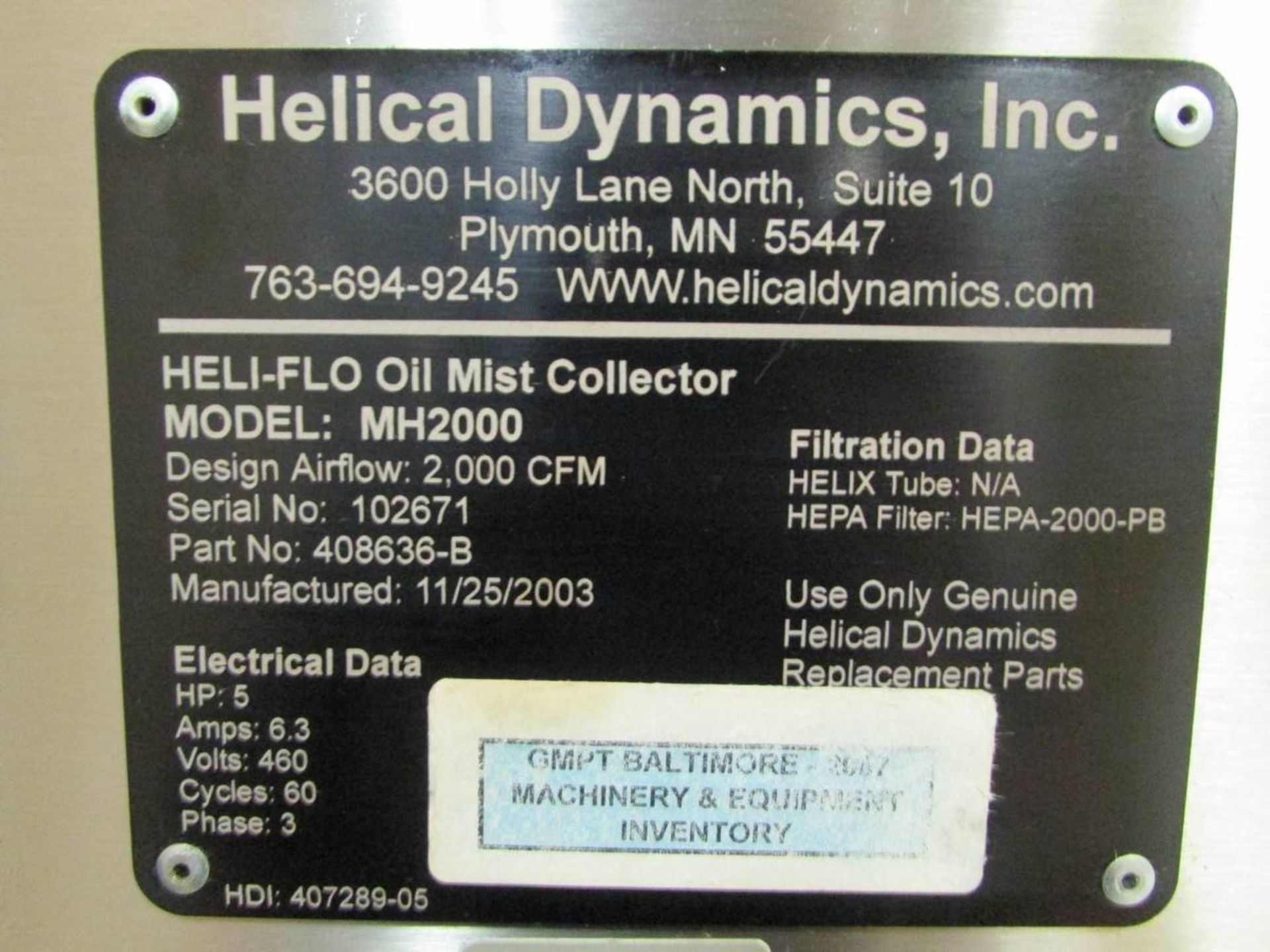 2003 Hilical Dynamics Inc. MH2000 Heli-Flo Oil Mist Collector - Image 8 of 8