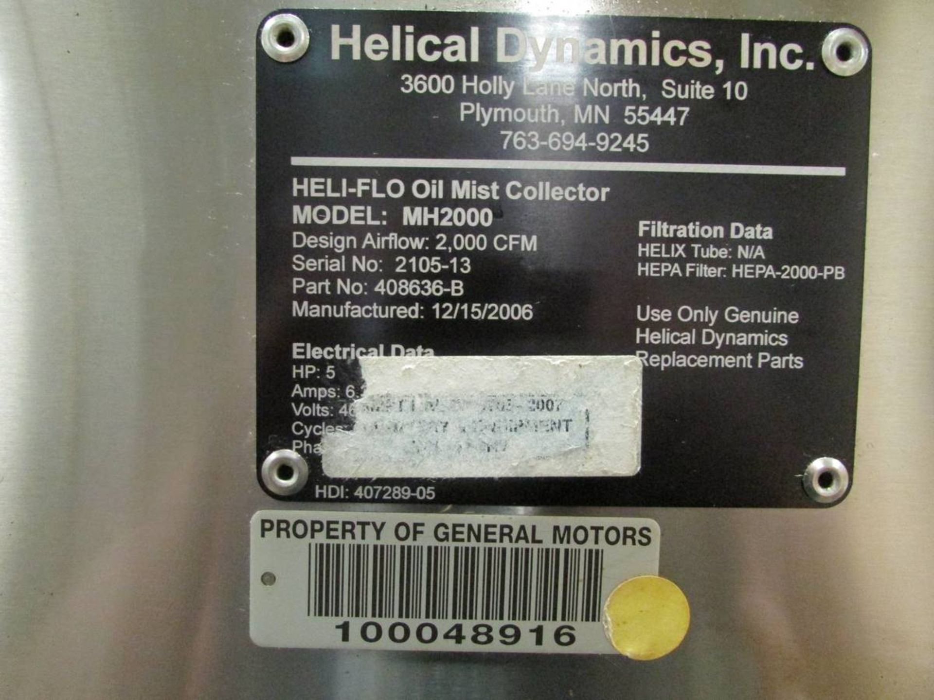 2006 Hilical Dynamics Inc. MH2000 Heli-Flo Oil Mist Collector - Image 5 of 5
