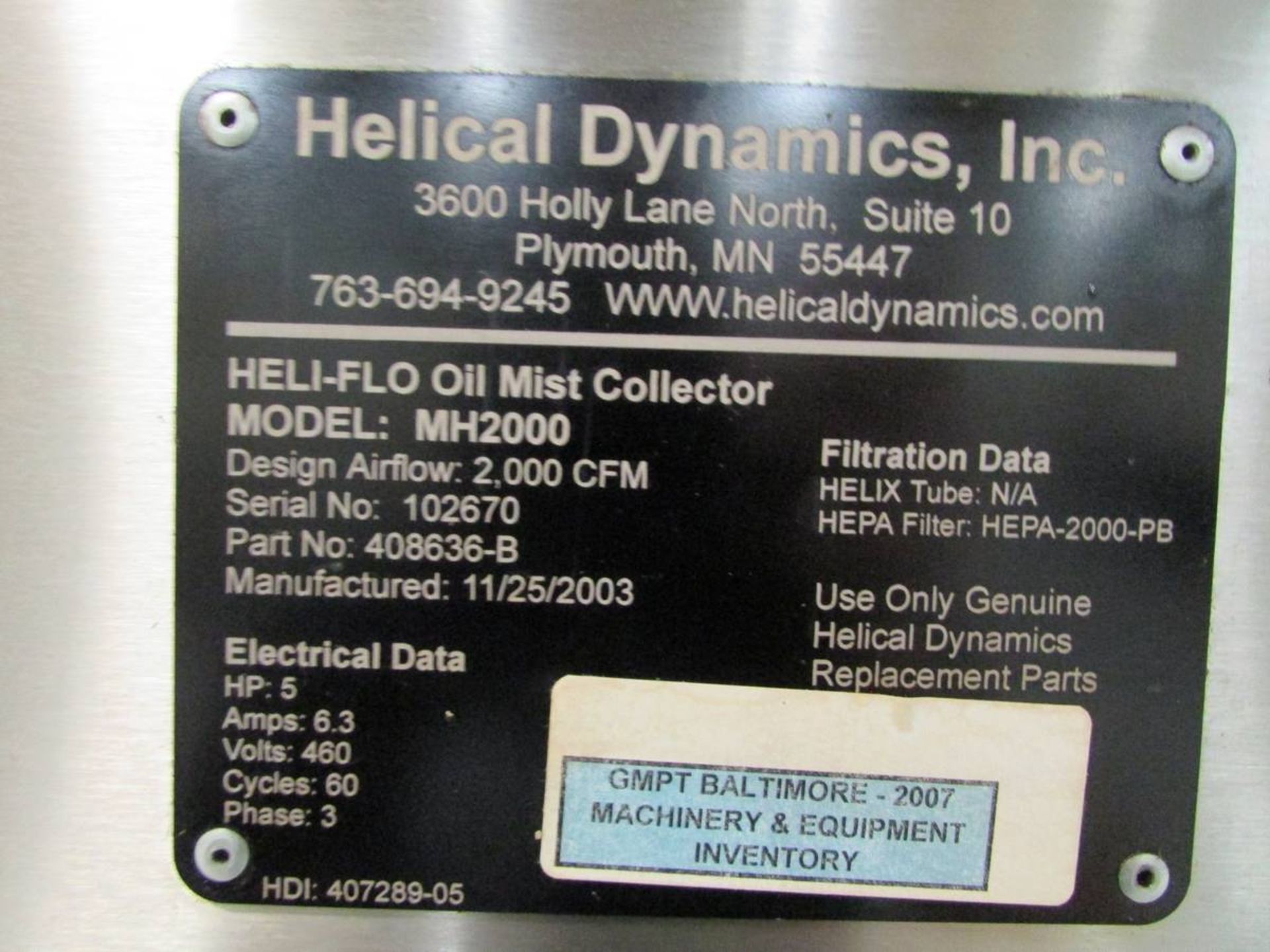 2003 Hilical Dynamics Inc. MH2000 Heli-Flo Oil Mist Collector - Image 8 of 8