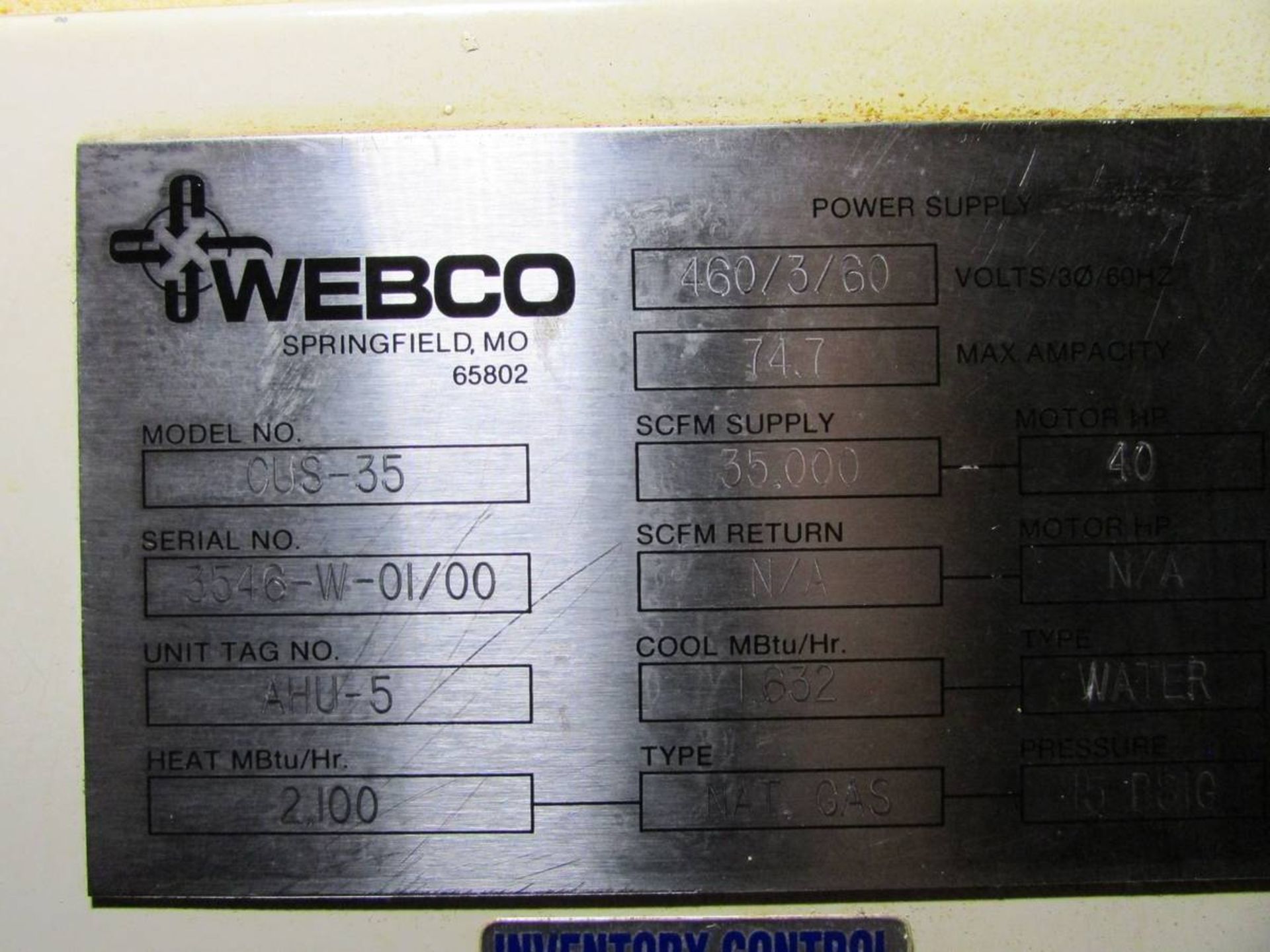 2000 Webco CUS-35 Overhead Air Handling Unit - Image 17 of 17