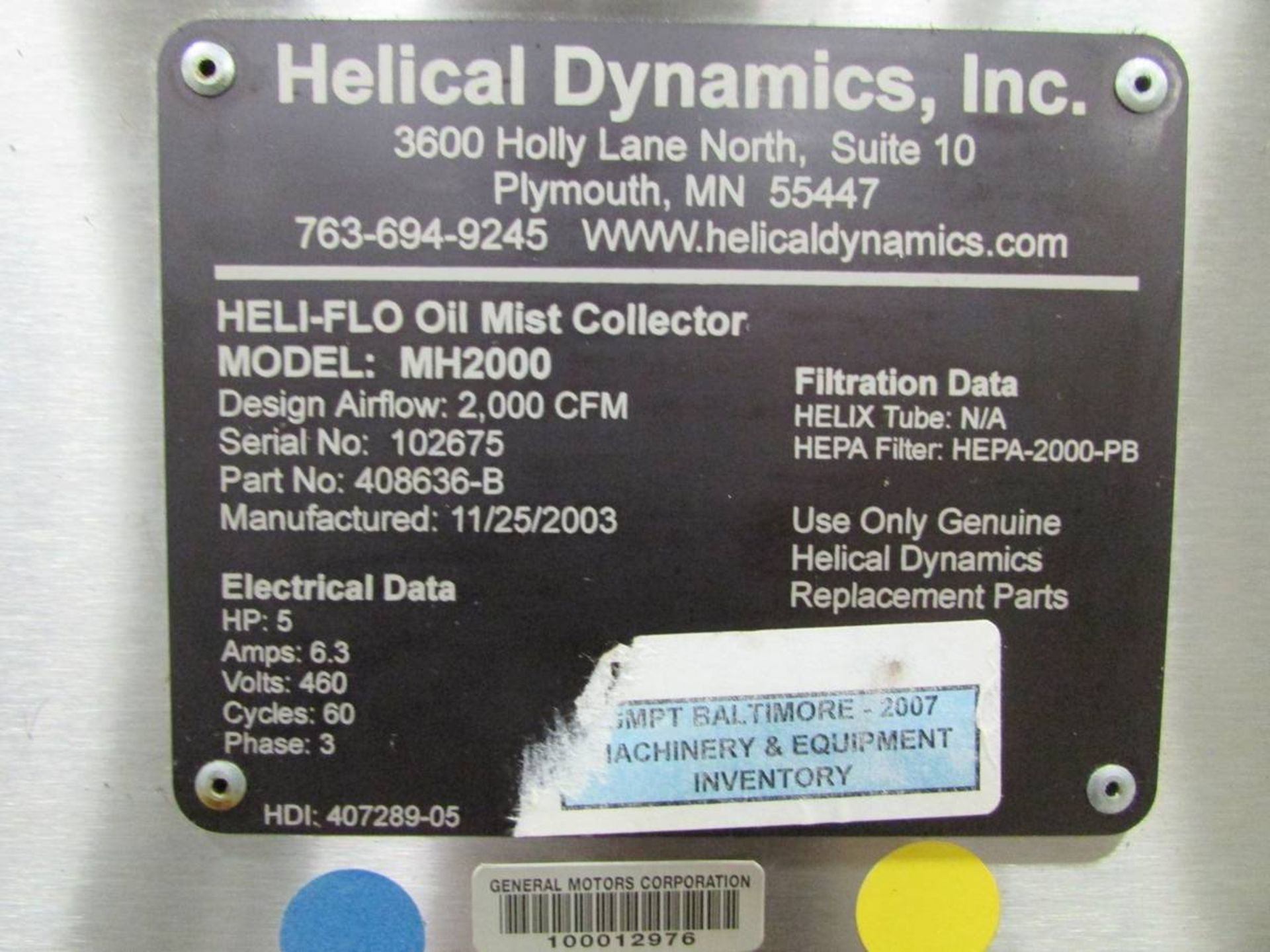 2003 Hilical Dynamics Inc. MH2000 Heli-Flo Oil Mist Collector - Image 8 of 8