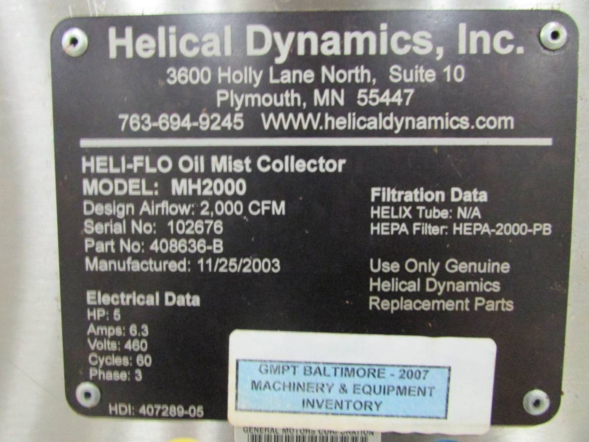 2003 Hilical Dynamics Inc. MH2000 Heli-Flo Oil Mist Collector - Image 8 of 8