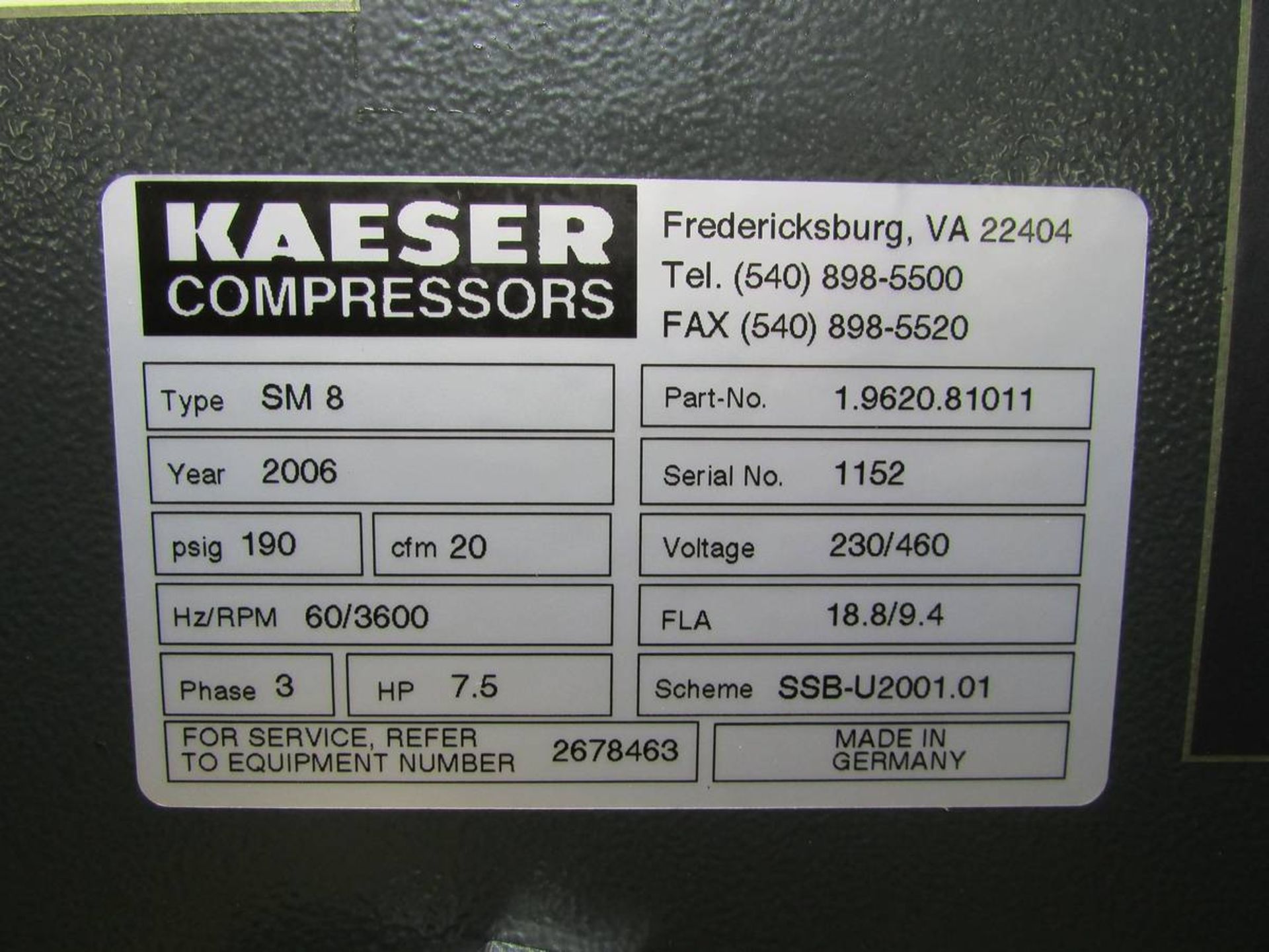 2006 Kaeser SM8 7.5HP Horizontal Tank Mounted Compressor/ Air Dryer Combo - Image 9 of 15