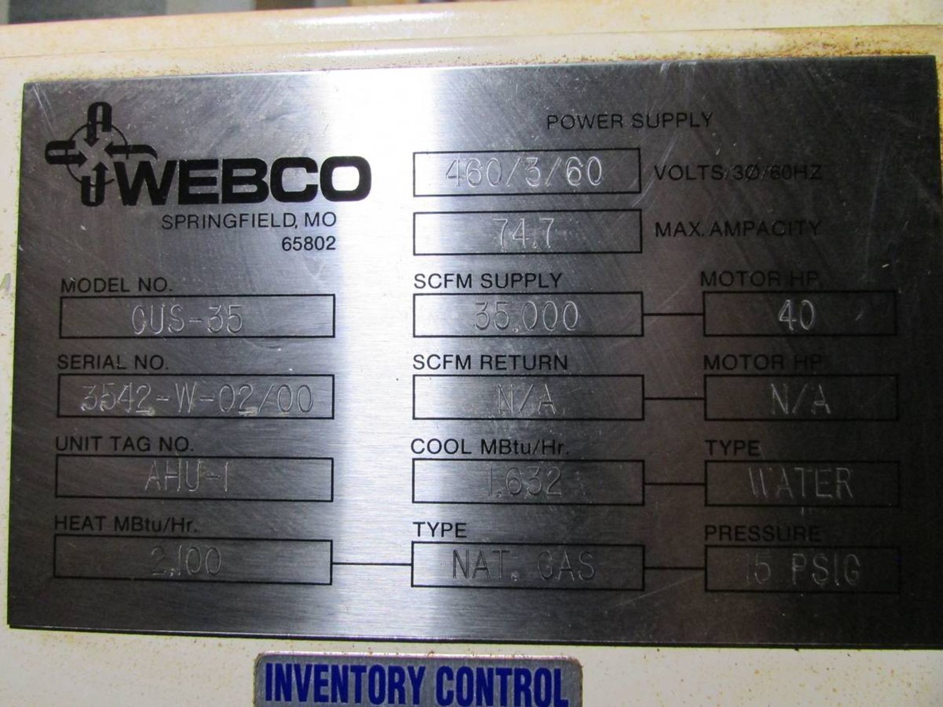 2000 Webco CUS-35 Overhead Air Handling Unit - Image 17 of 17