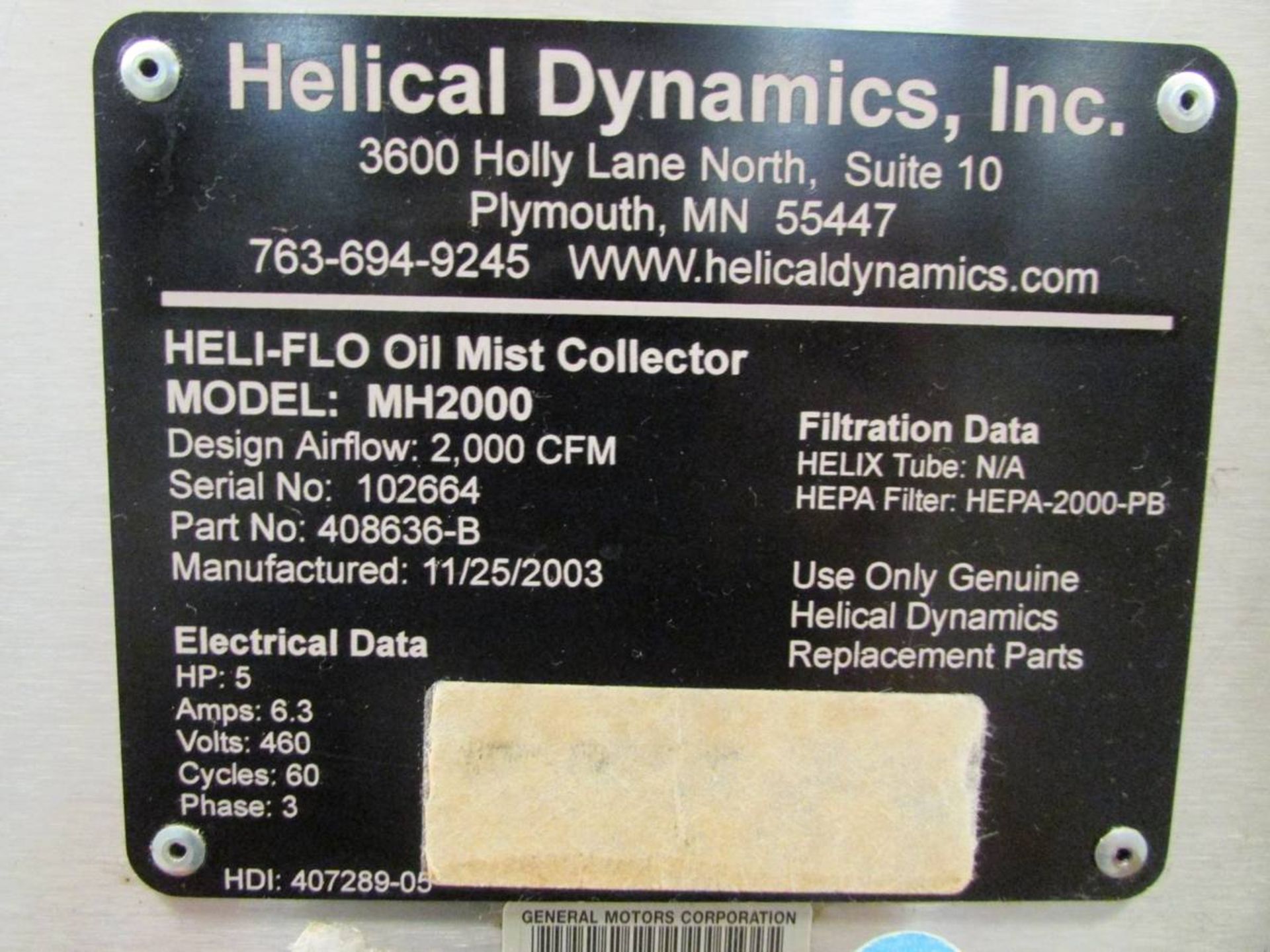 2003 Hilical Dynamics Inc. MH2000 Heli-Flo Oil Mist Collector - Image 8 of 8