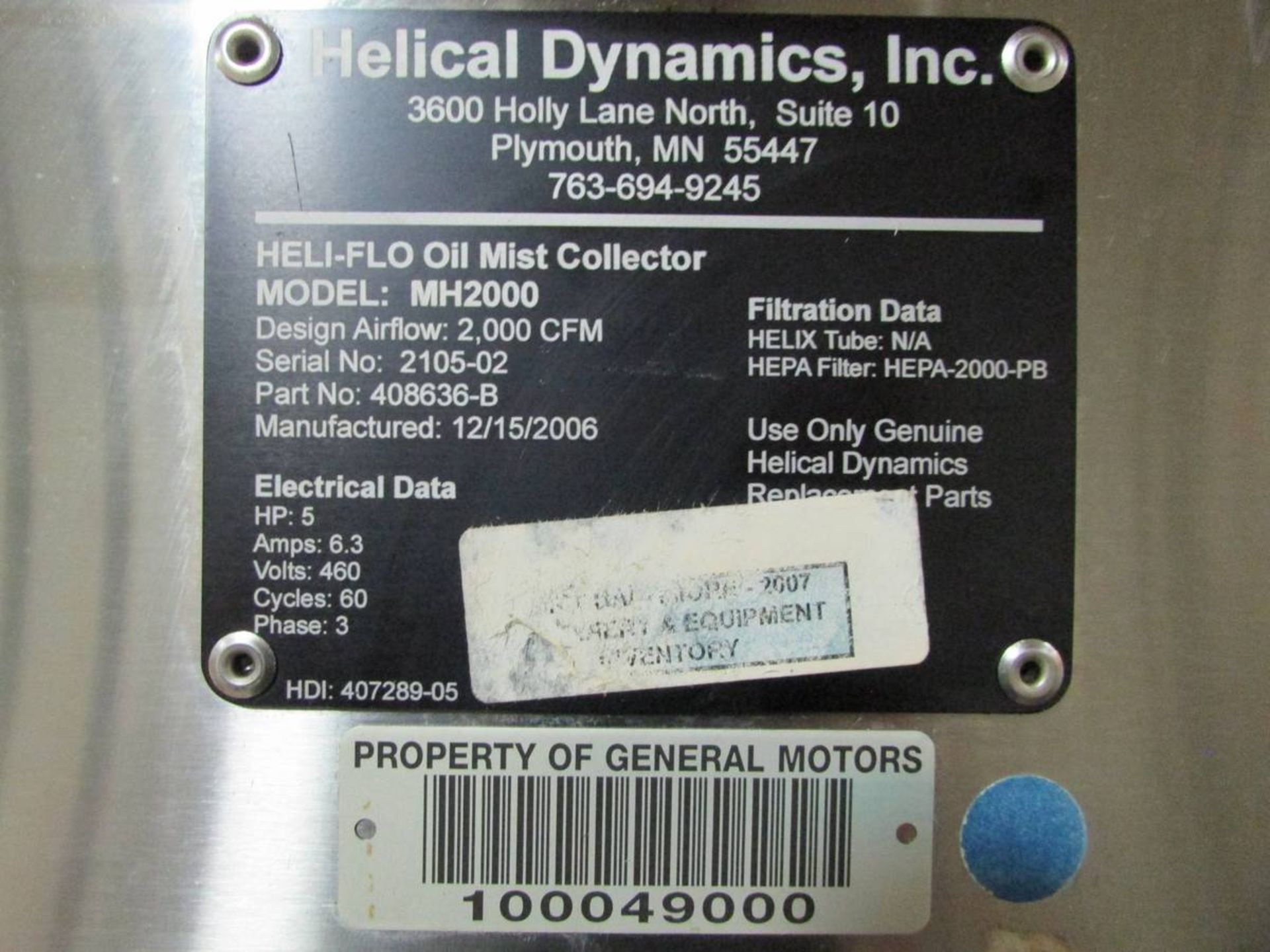 2006 Hilical Dynamics Inc. MH2000 Heli-Flo Oil Mist Collector - Image 7 of 7