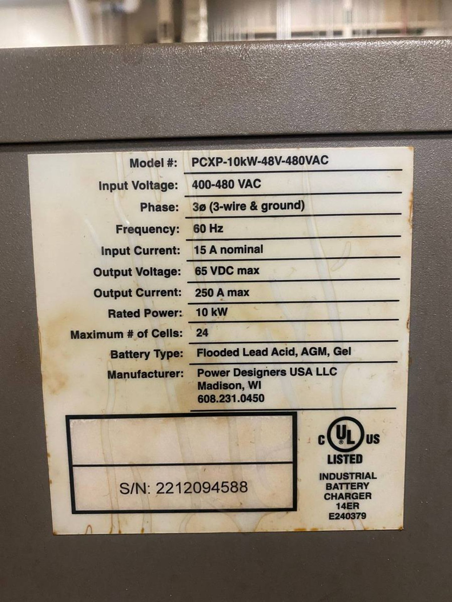 Power Designers PCXP-10kW-48V-480VAC 24 Cell Battery Charger - Image 3 of 3