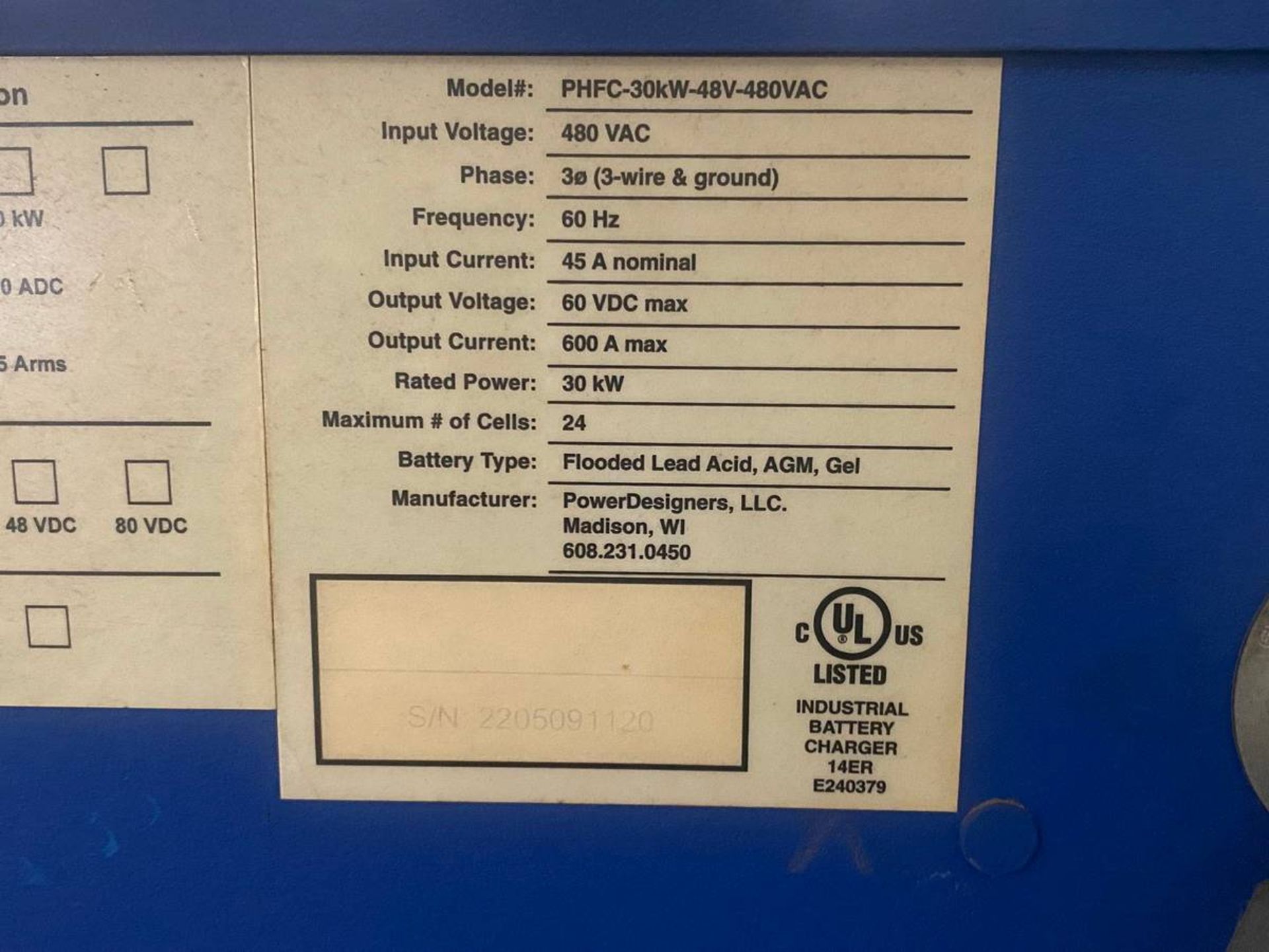 Power Charge PHFC-30kW-48V-480 VAC 24 Cell Battery Charger - Image 3 of 3
