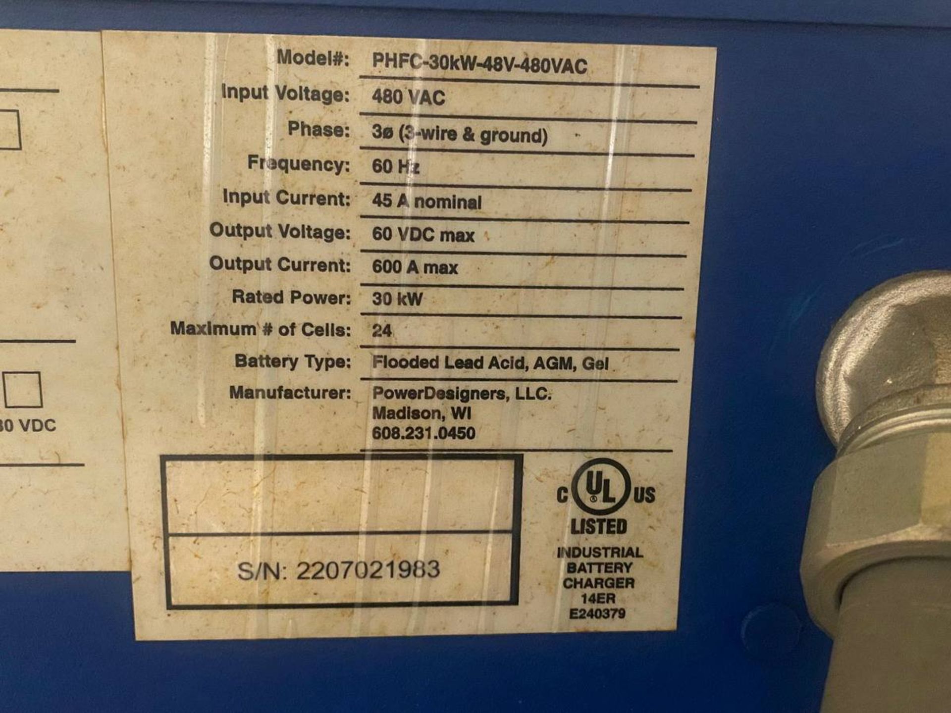 Power Charge PHFC-30kW-48V-480 VAC 24 Cell Battery Charger - Image 3 of 3