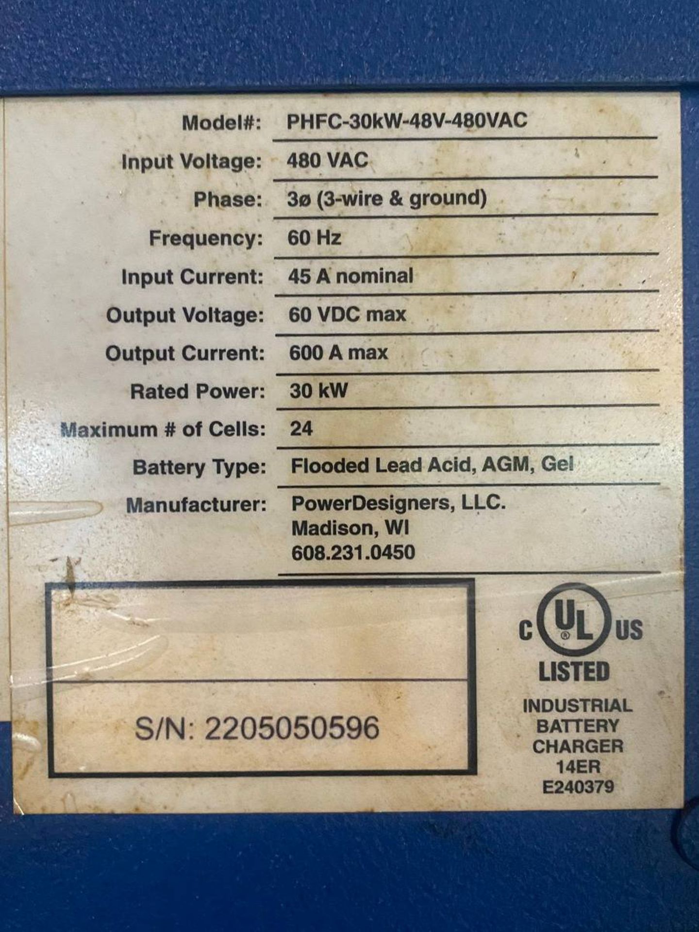 Power Charge PHFC-30kW-48V-480VAC 48 V Electric Battery Charger - Image 3 of 3