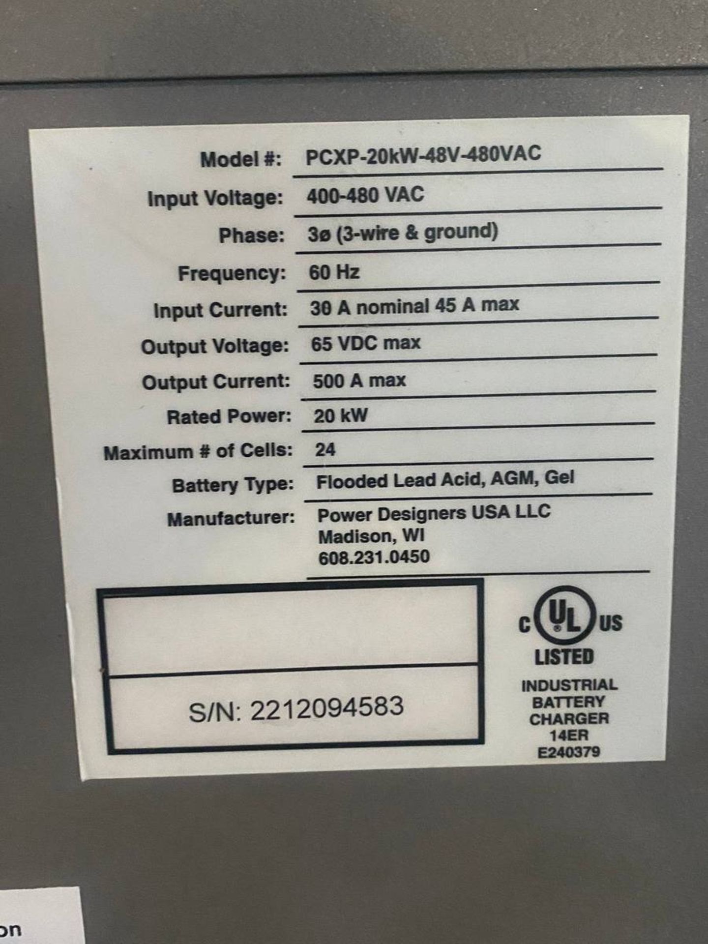 Power Charge PCXP-20KW-48V 480 VAC 48 V Electric Battery Charger - Image 3 of 3