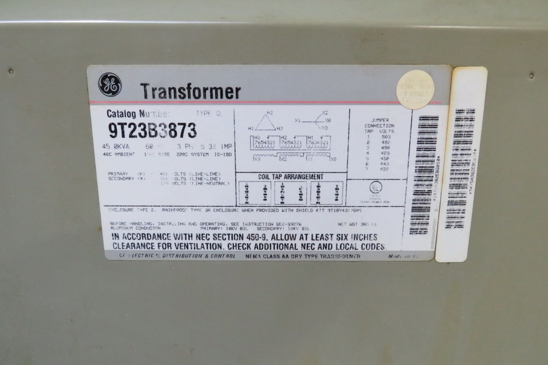 GE 9T23B3873 45KVA 3PH Dry Type Transformer - Image 2 of 2