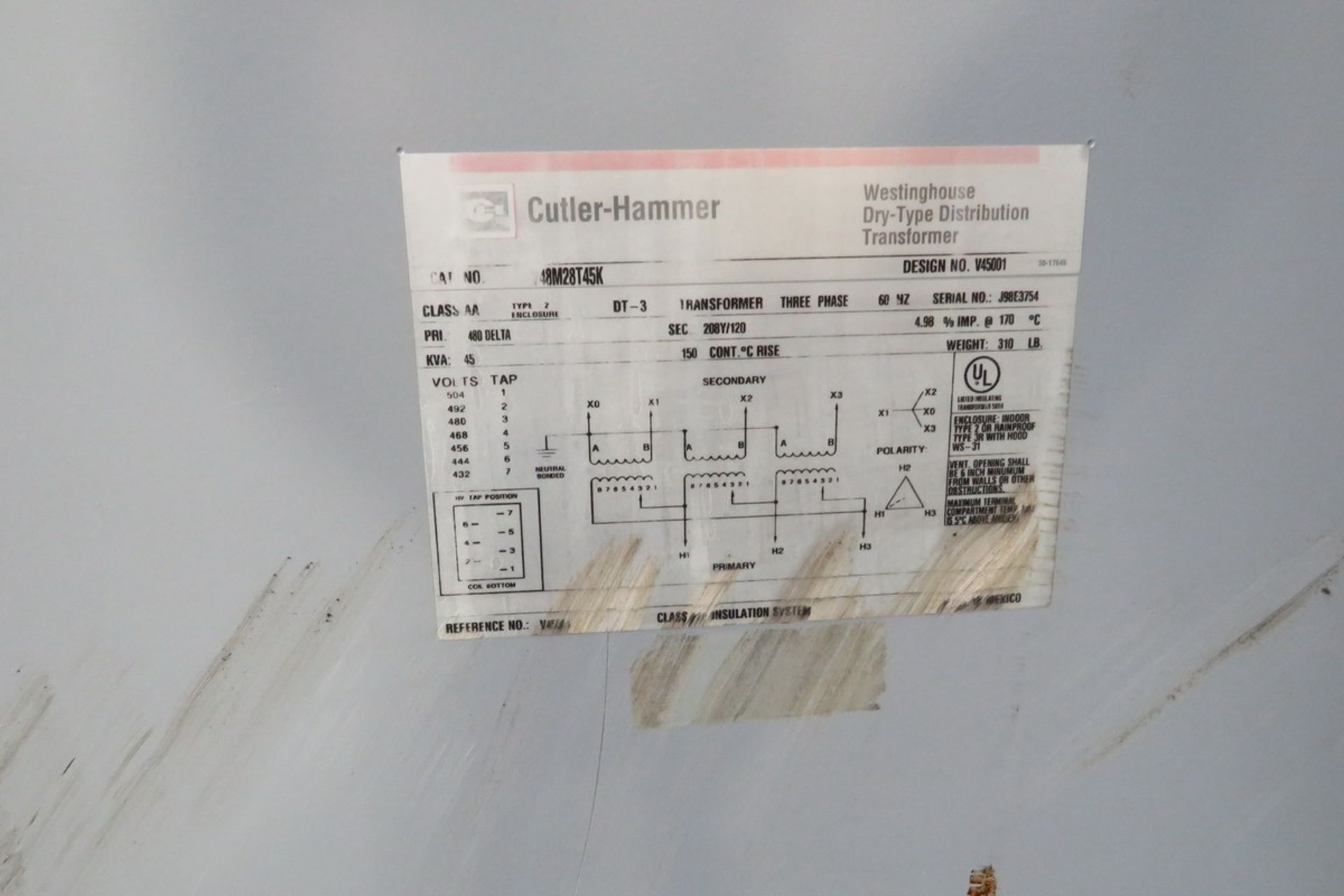 Cutler-Hammer V48M28T45K 45KVA 3PH Dry Type Transformer - Image 2 of 2